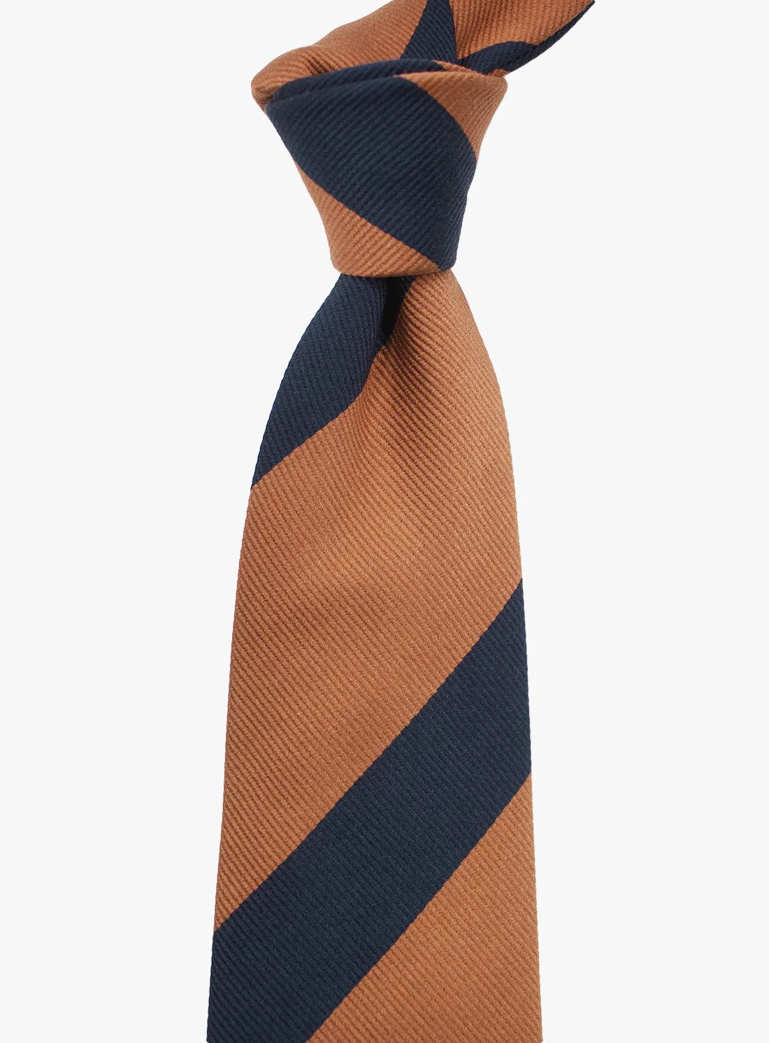 Brown and navy striped tie on a white background