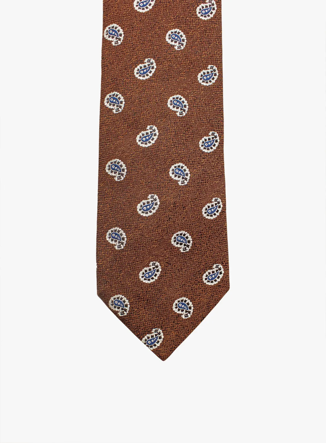 Brown tie with blue and white pattern on a white background