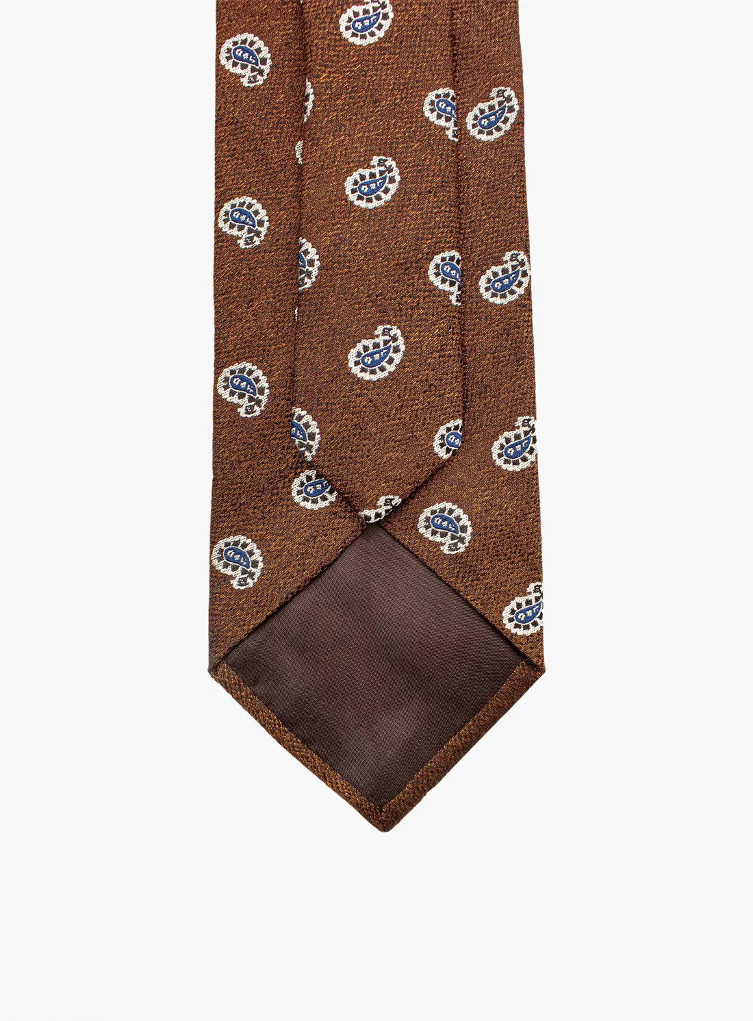 Brown tie with blue and white pattern on a white background