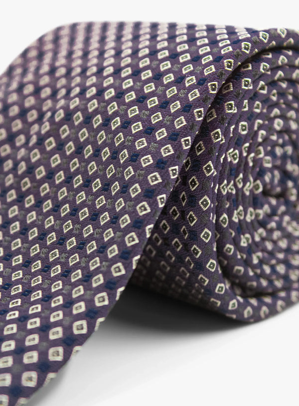 Bottinelli Italian Tie: Plum with Ivory and Black Micro Diamond Motif