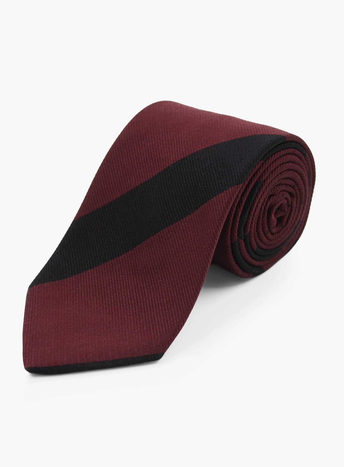 Maroon and black striped tie on a white background