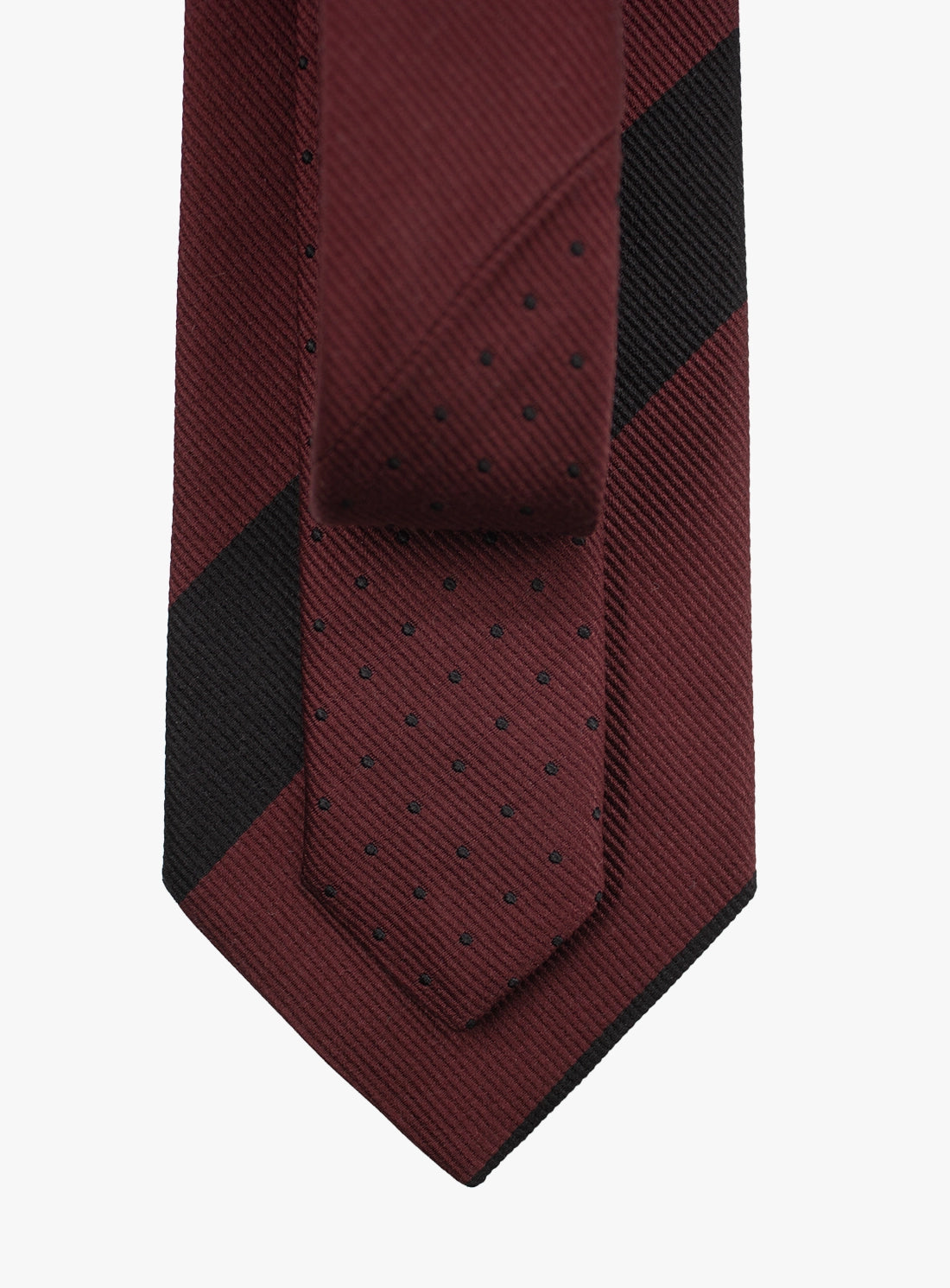 Maroon tie with black diagonal stripes on a white background