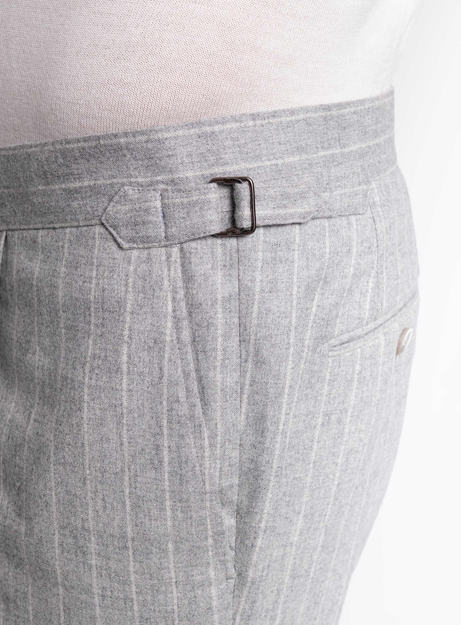 The side-adjusters on the Sienna Milled Pinstripe Silver Grey Trousers