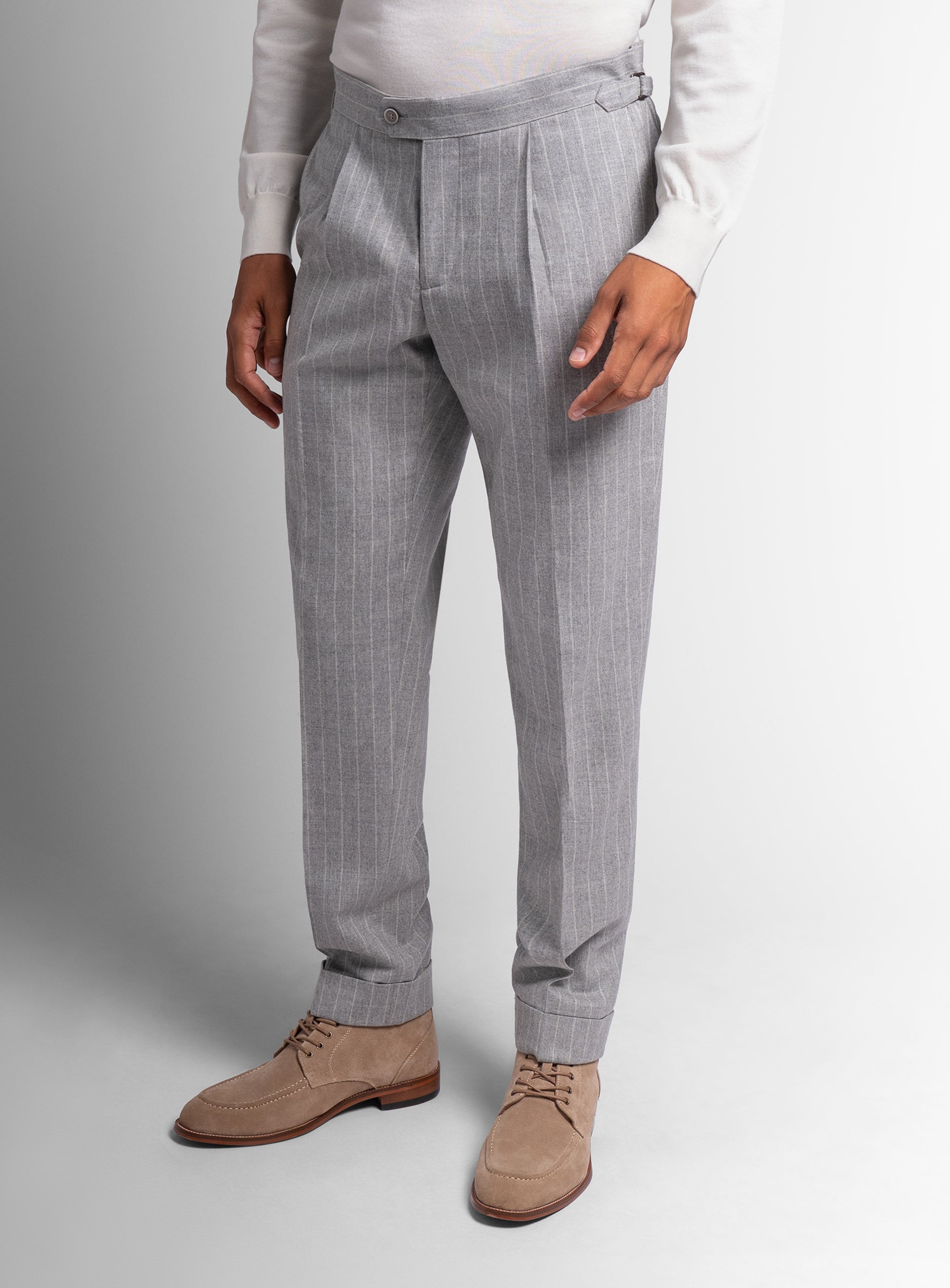 Picture of a man wearing the Sienna Milled Pinstripe Silver Grey Trousers