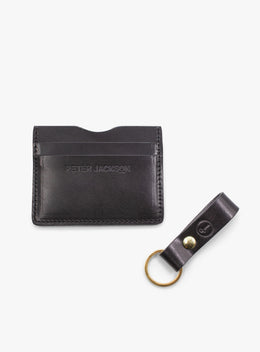 Black Leather Card Wallet & Keyfob Gift Set