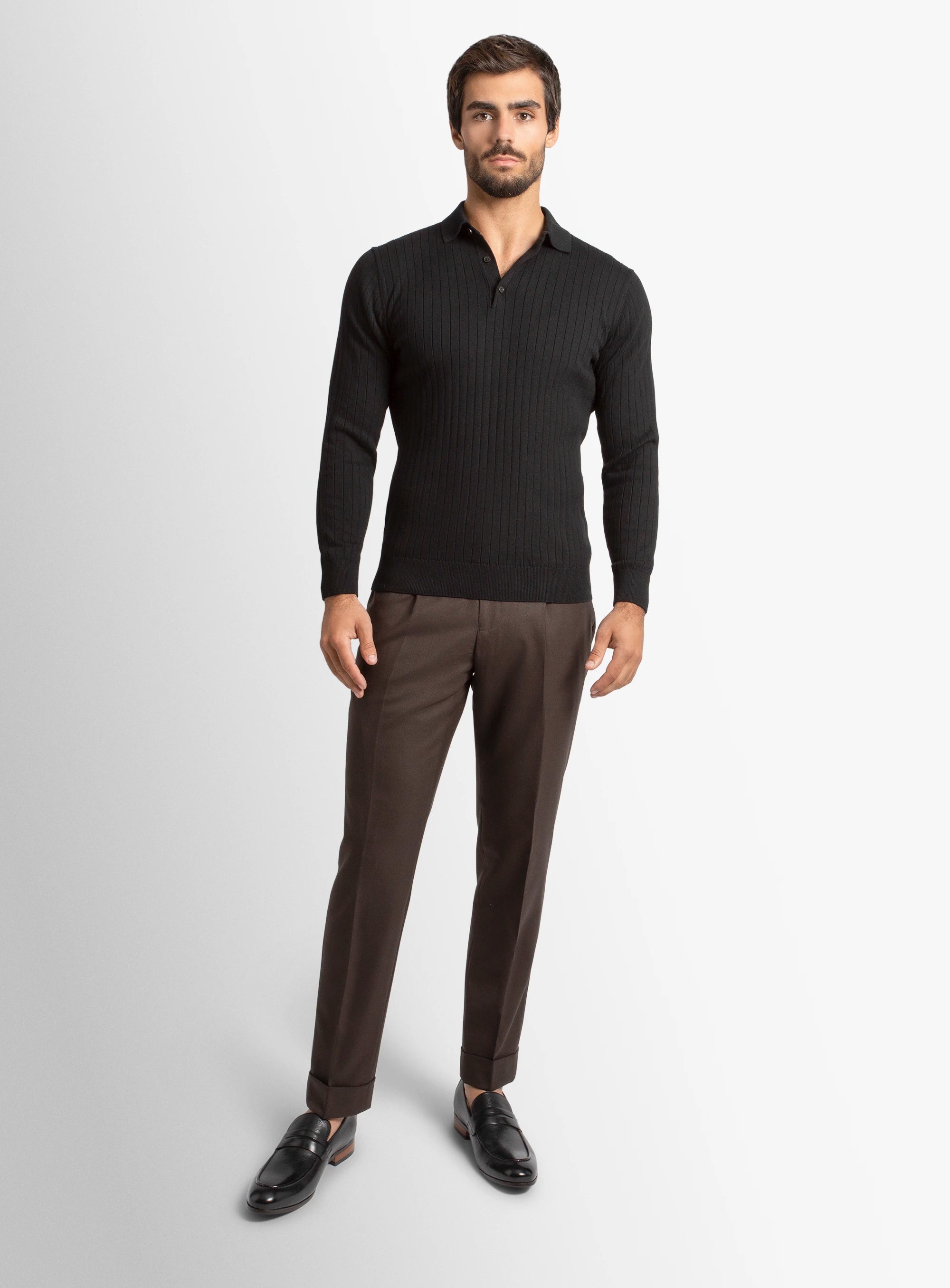 Black Cotton/Cashmere Fine Rib Knit Polo
