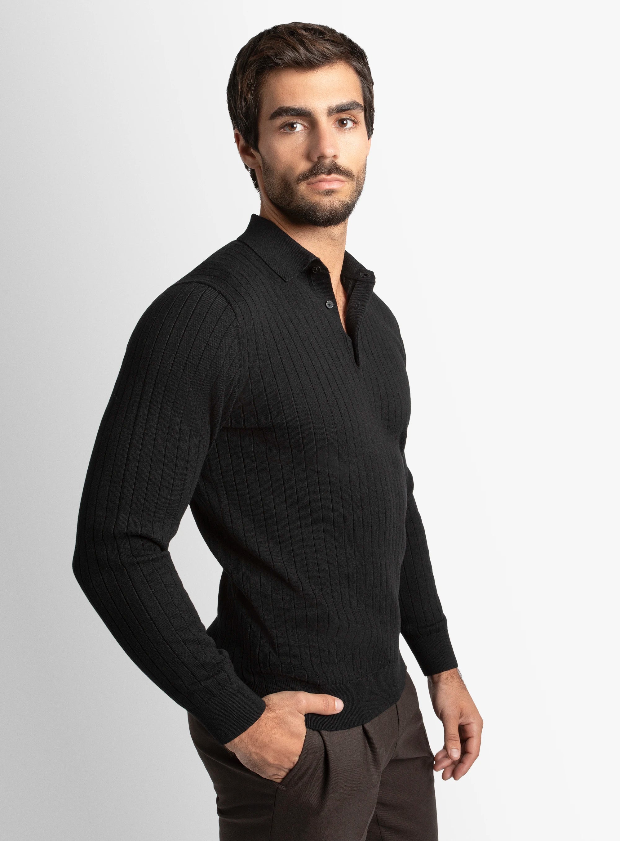 Black Cotton/Cashmere Fine Rib Knit Polo