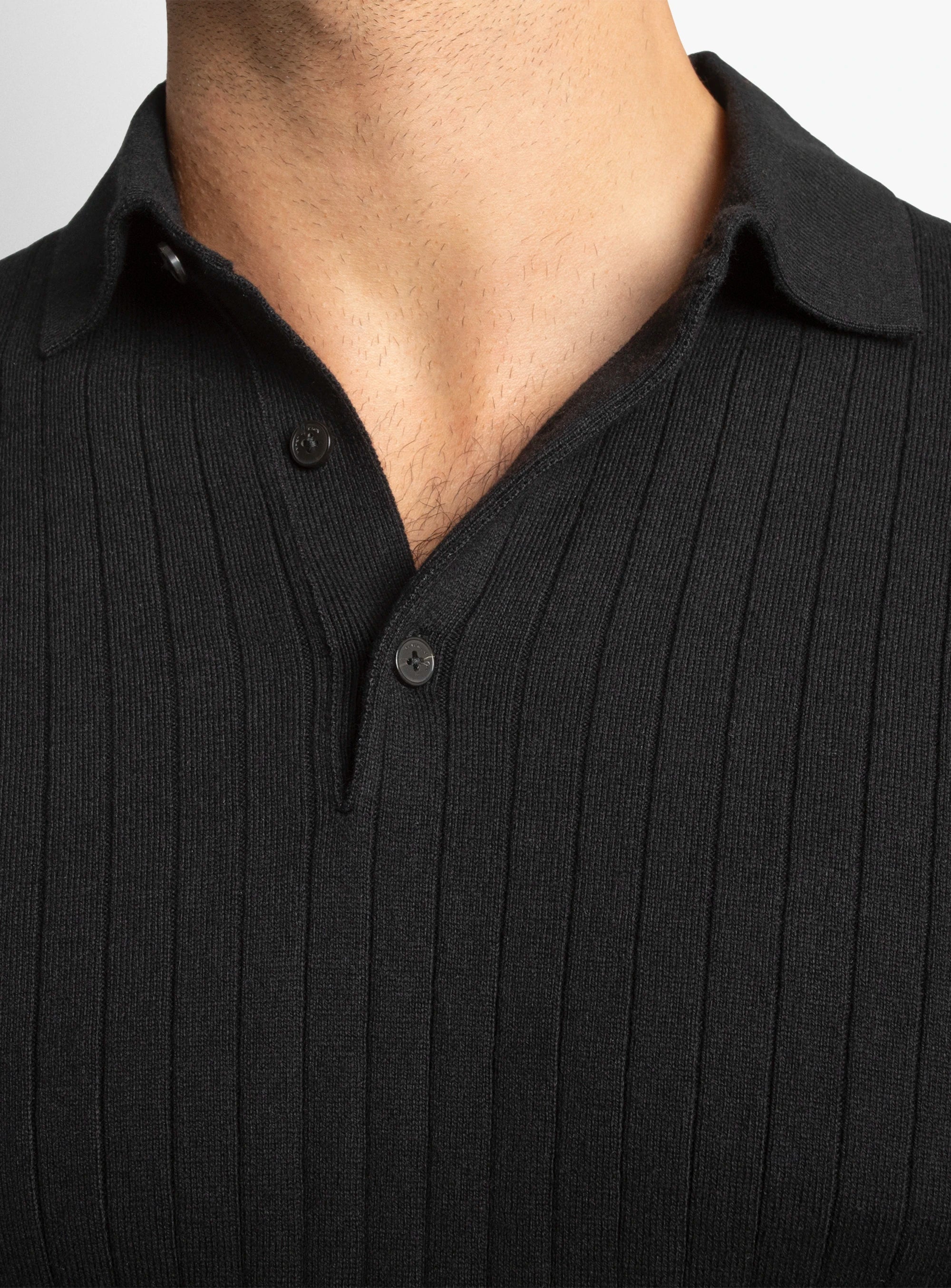 Black Cotton/Cashmere Fine Rib Knit Polo
