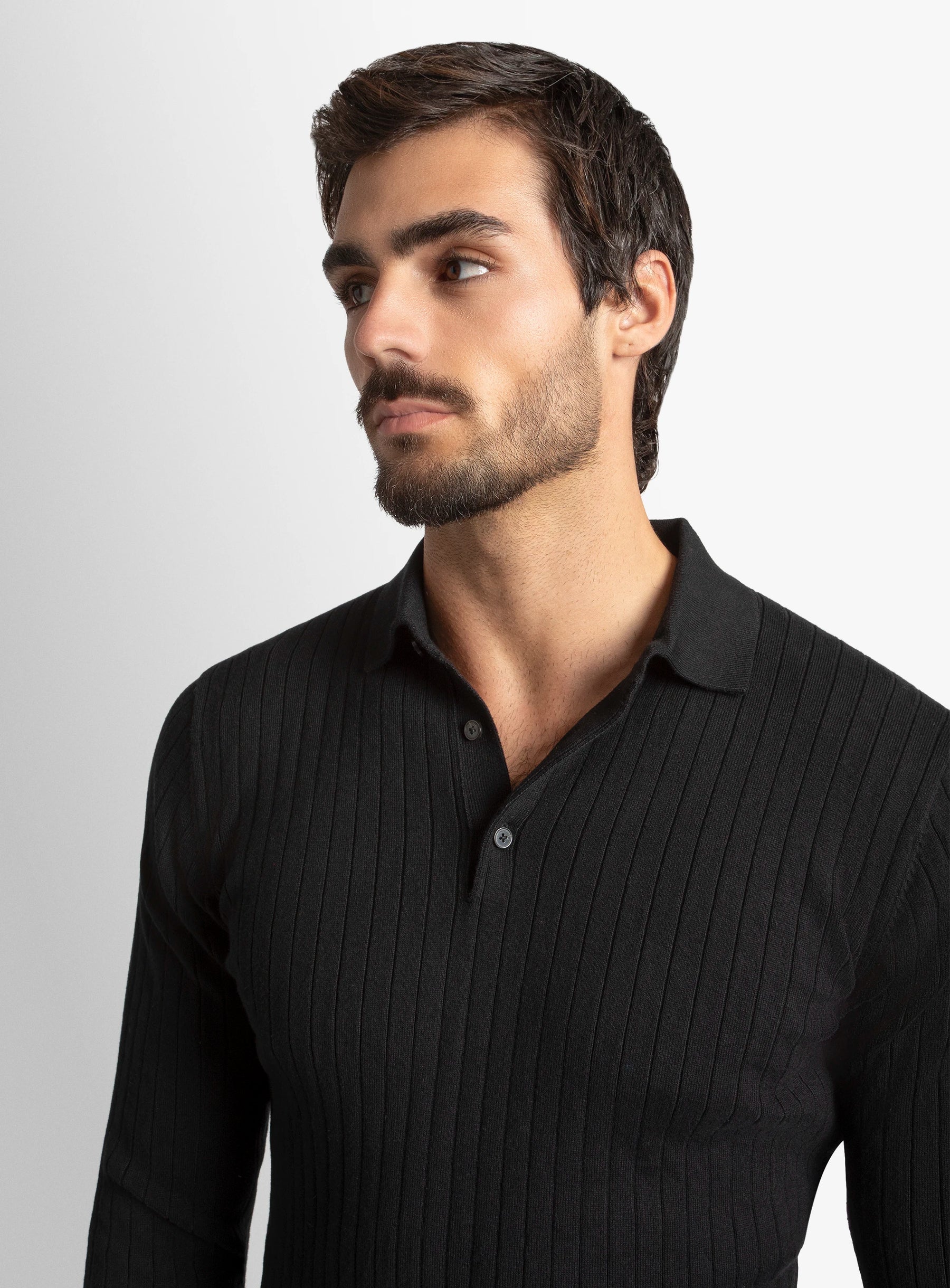 Black Cotton/Cashmere Fine Rib Knit Polo