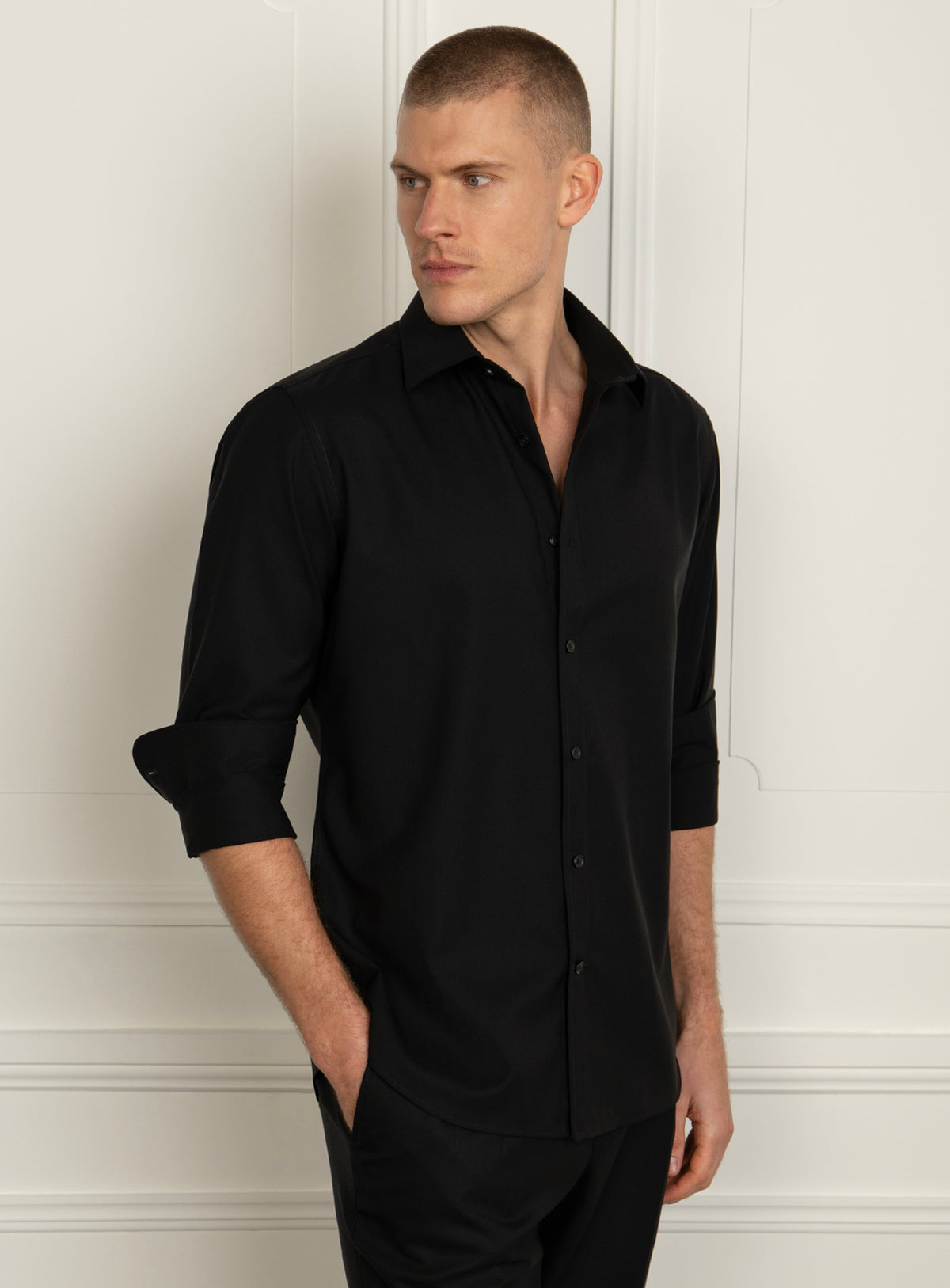 Piero Slim Fit Wool Twill Black Shirt