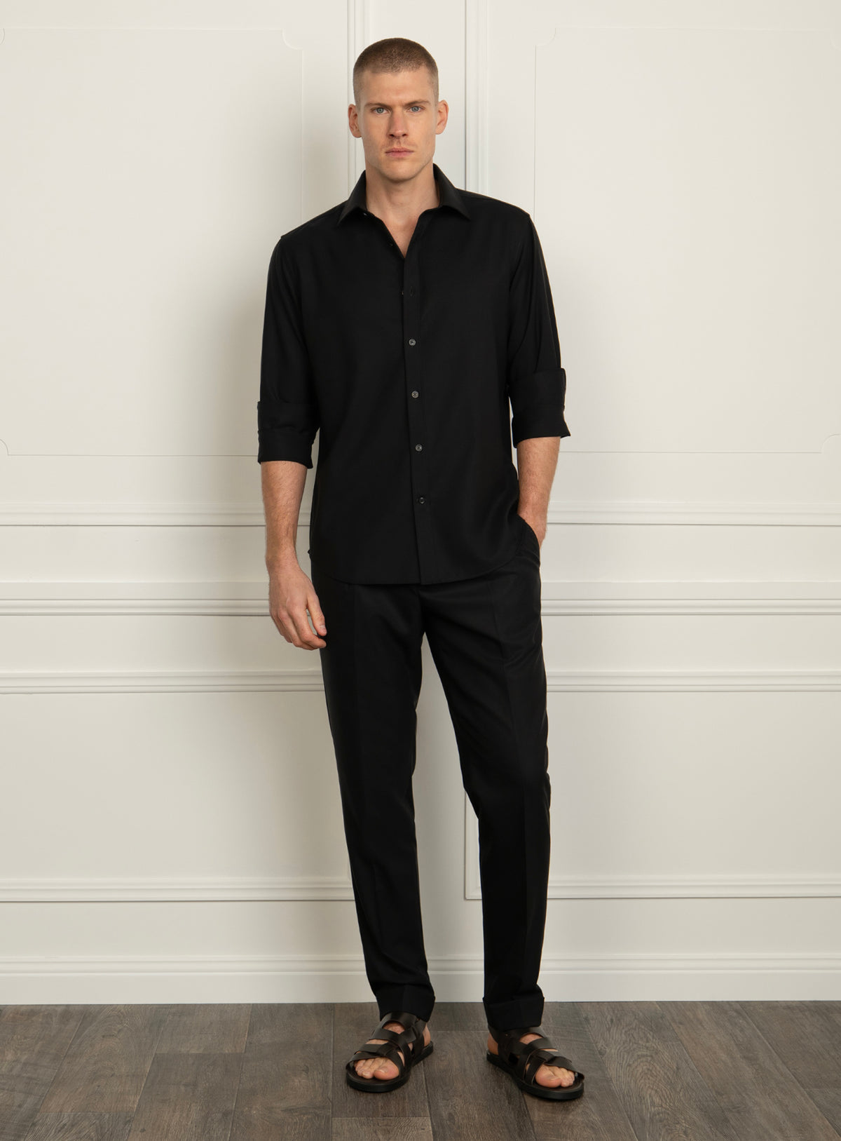 Piero Slim Fit Wool Twill Black Shirt