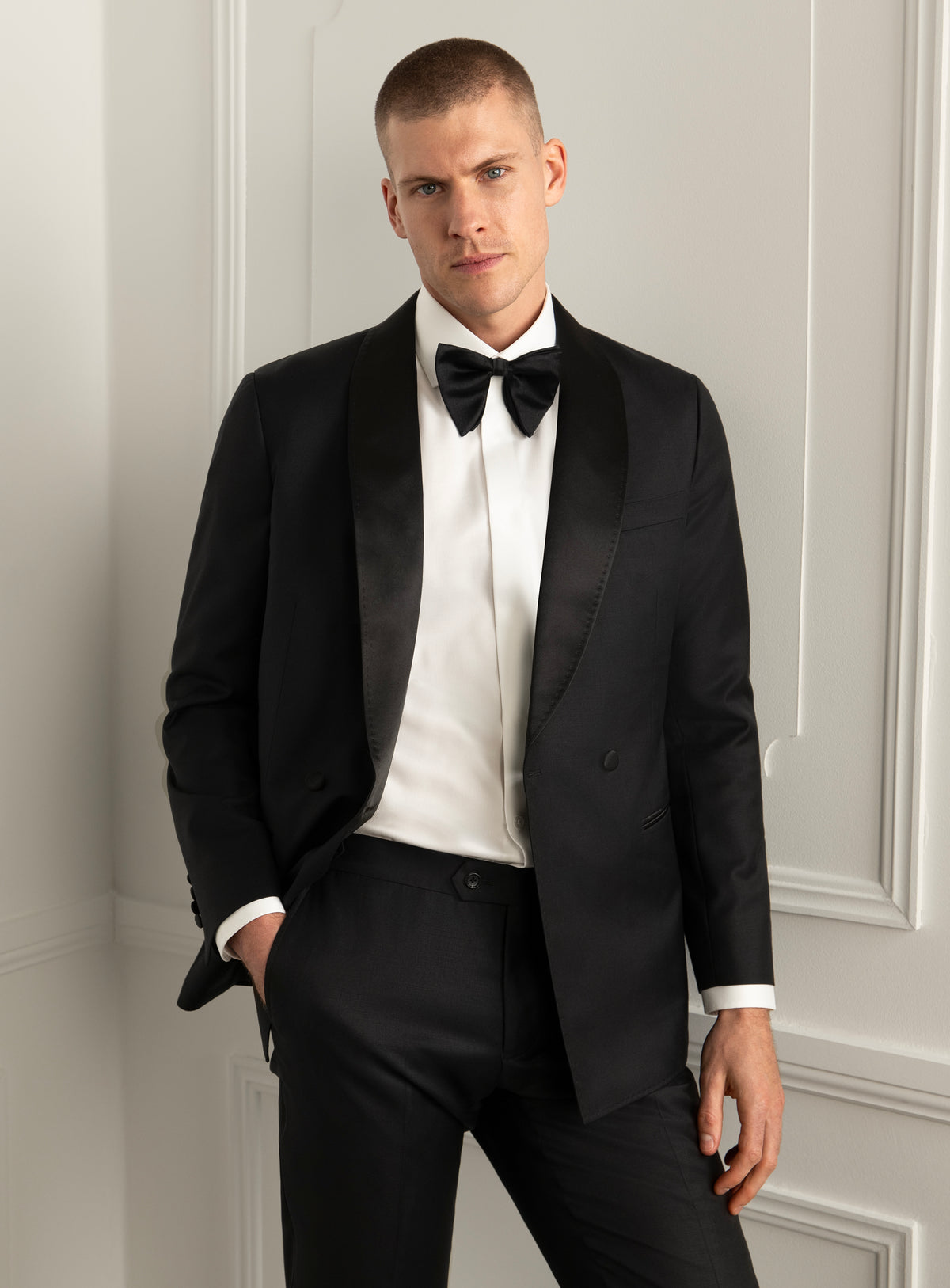 Rossini Black Dinner Jacket - Model front view with jacket open