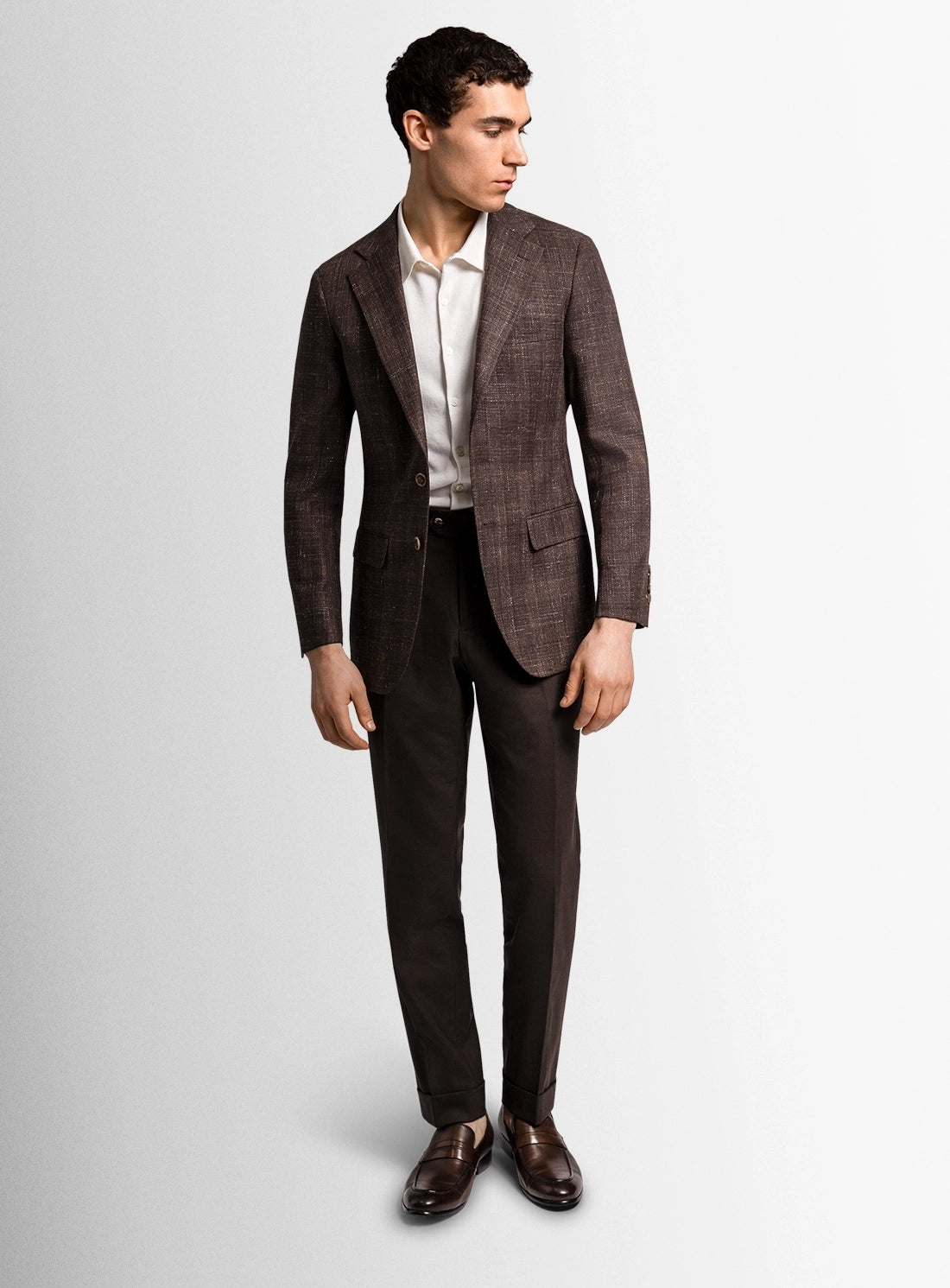 Man wearing a brown checkered suit on a white background