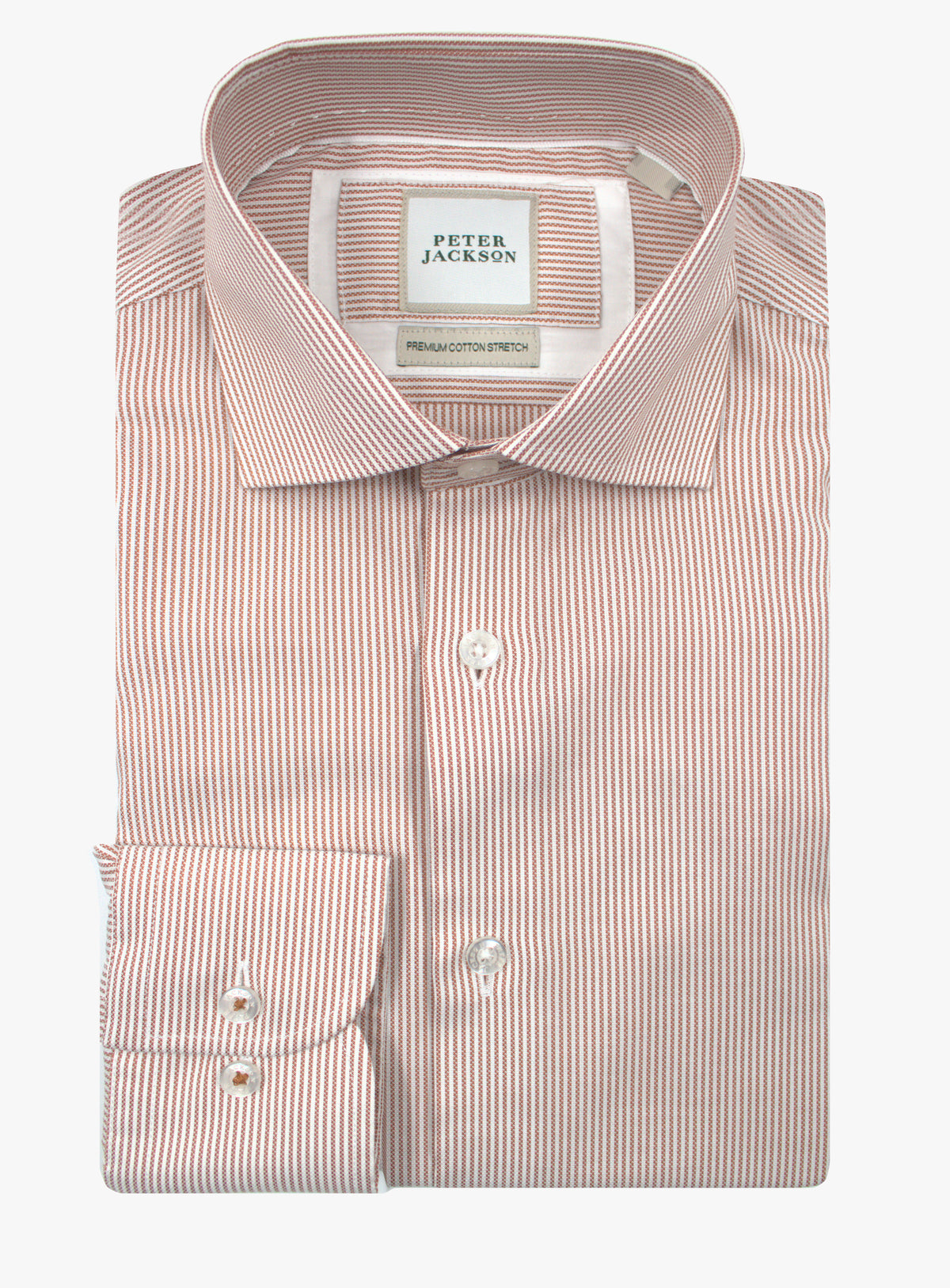 Milan burnt orange and white Oxford stripe shirt, folded front view with cutaway collar