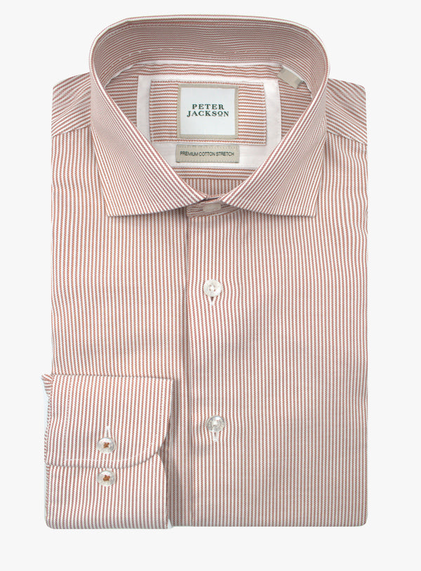 Milan burnt orange and white Oxford stripe shirt, folded front view with cutaway collar