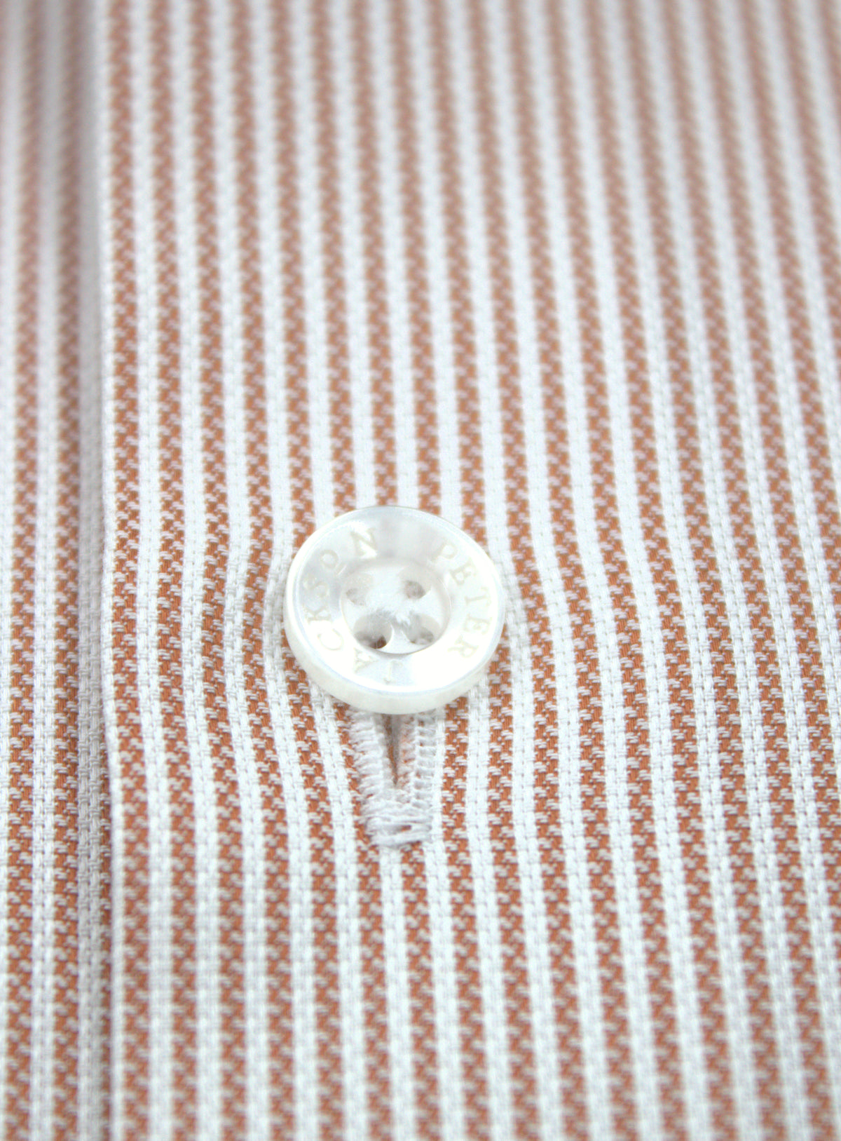Milan burnt orange and white Oxford stripe shirt, fabric and transparent front button detail