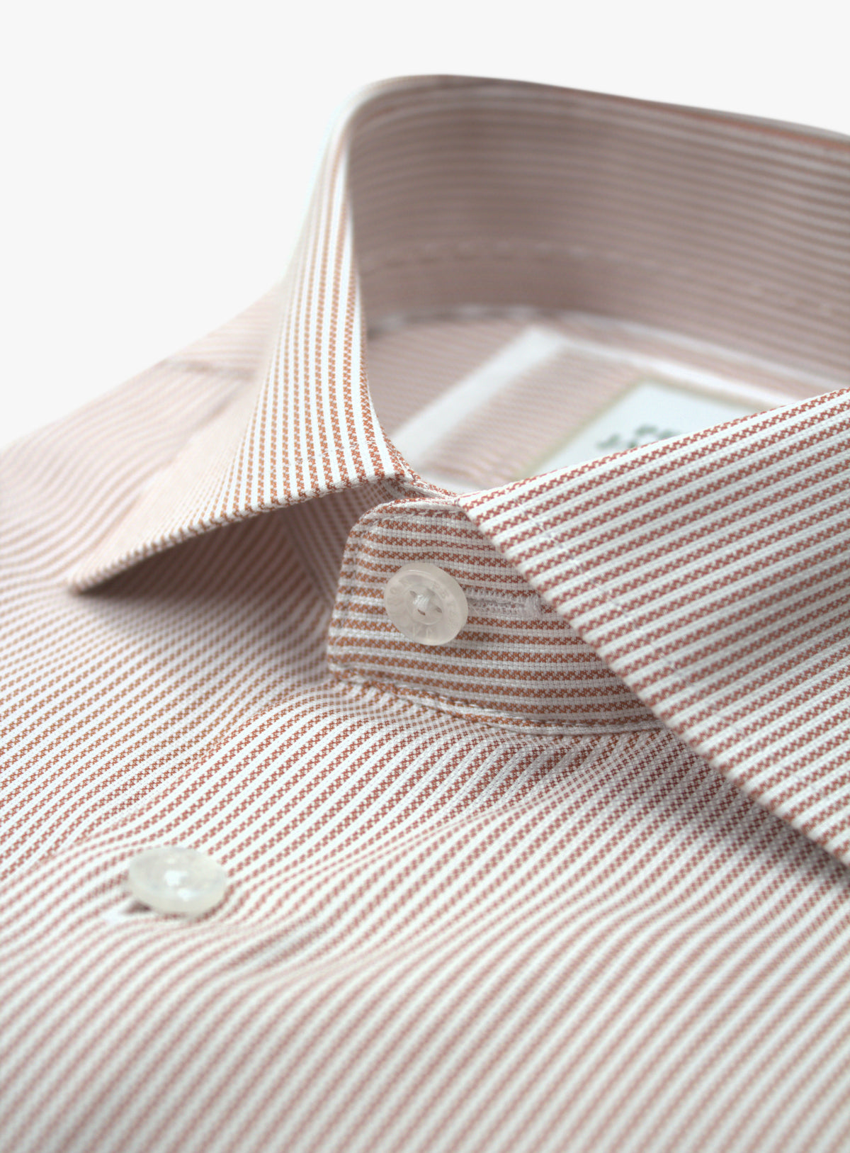 Milan burnt orange and white Oxford stripe shirt, cutaway collar close-up