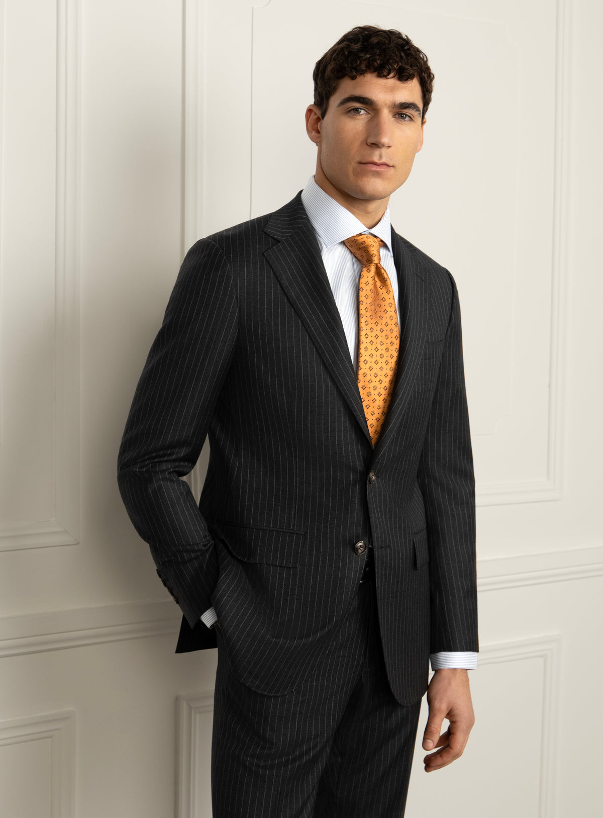 Pietro Pinstripe Charcoal Suit - Model angled front view