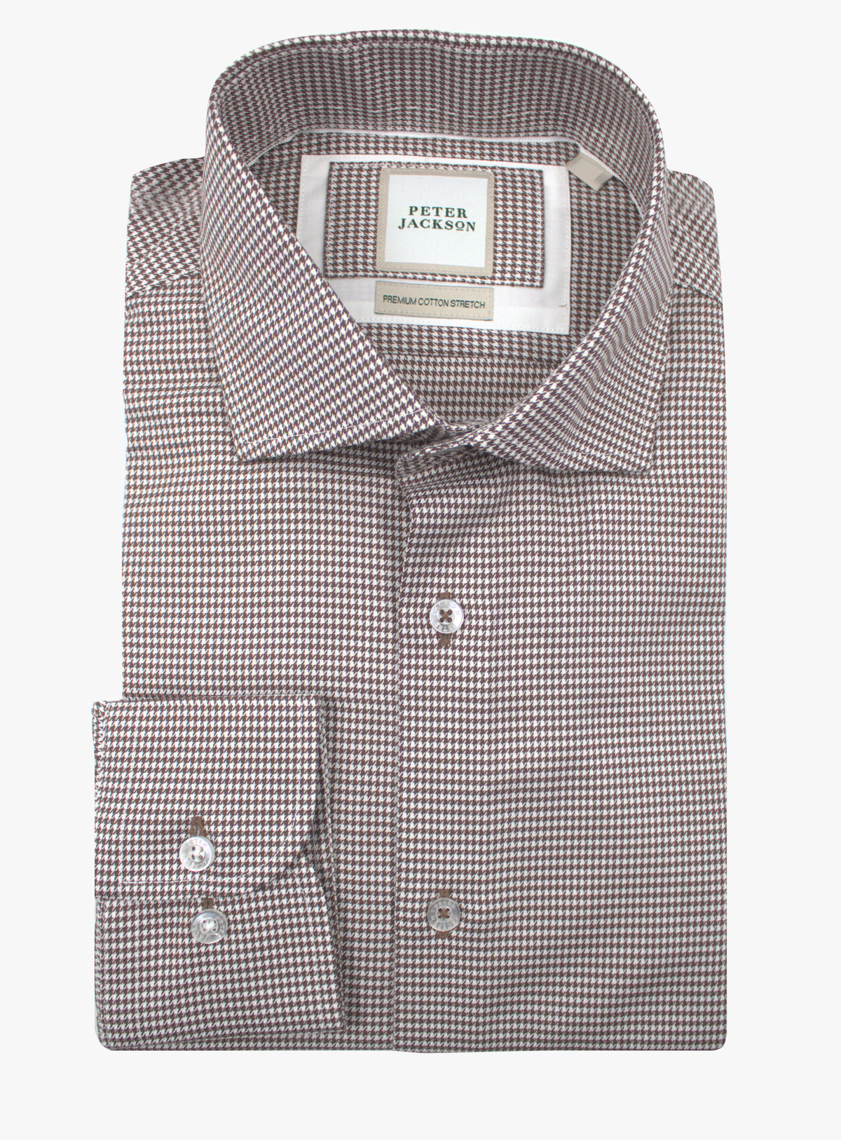 Milan chocolate brown and white houndstooth shirt, folded front view with cutaway collar