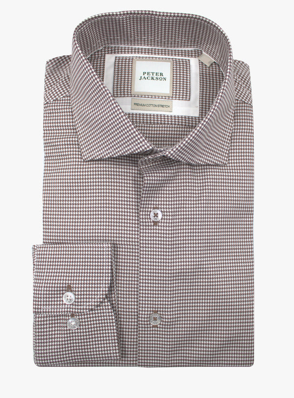 Milan chocolate brown and white houndstooth shirt, folded front view with cutaway collar
