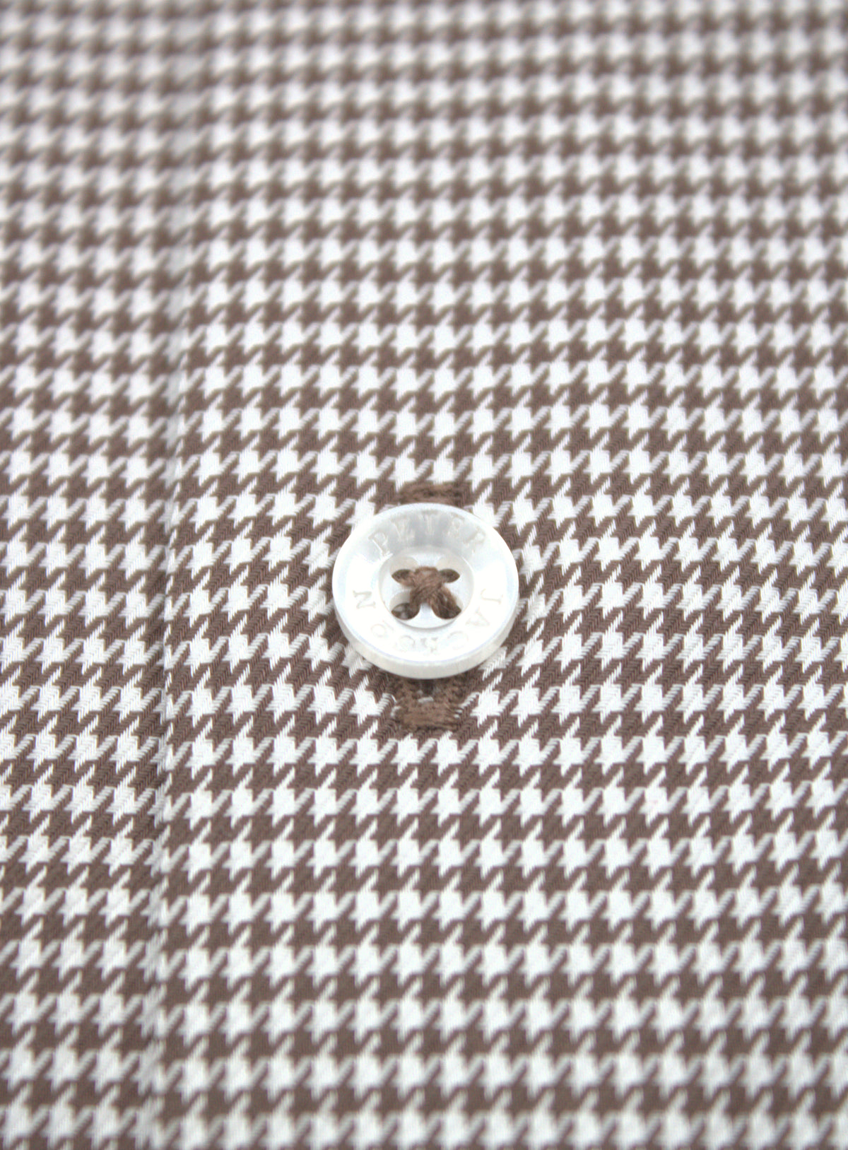 Milan chocolate brown and white houndstooth shirt, fabric and transparent front button detail
