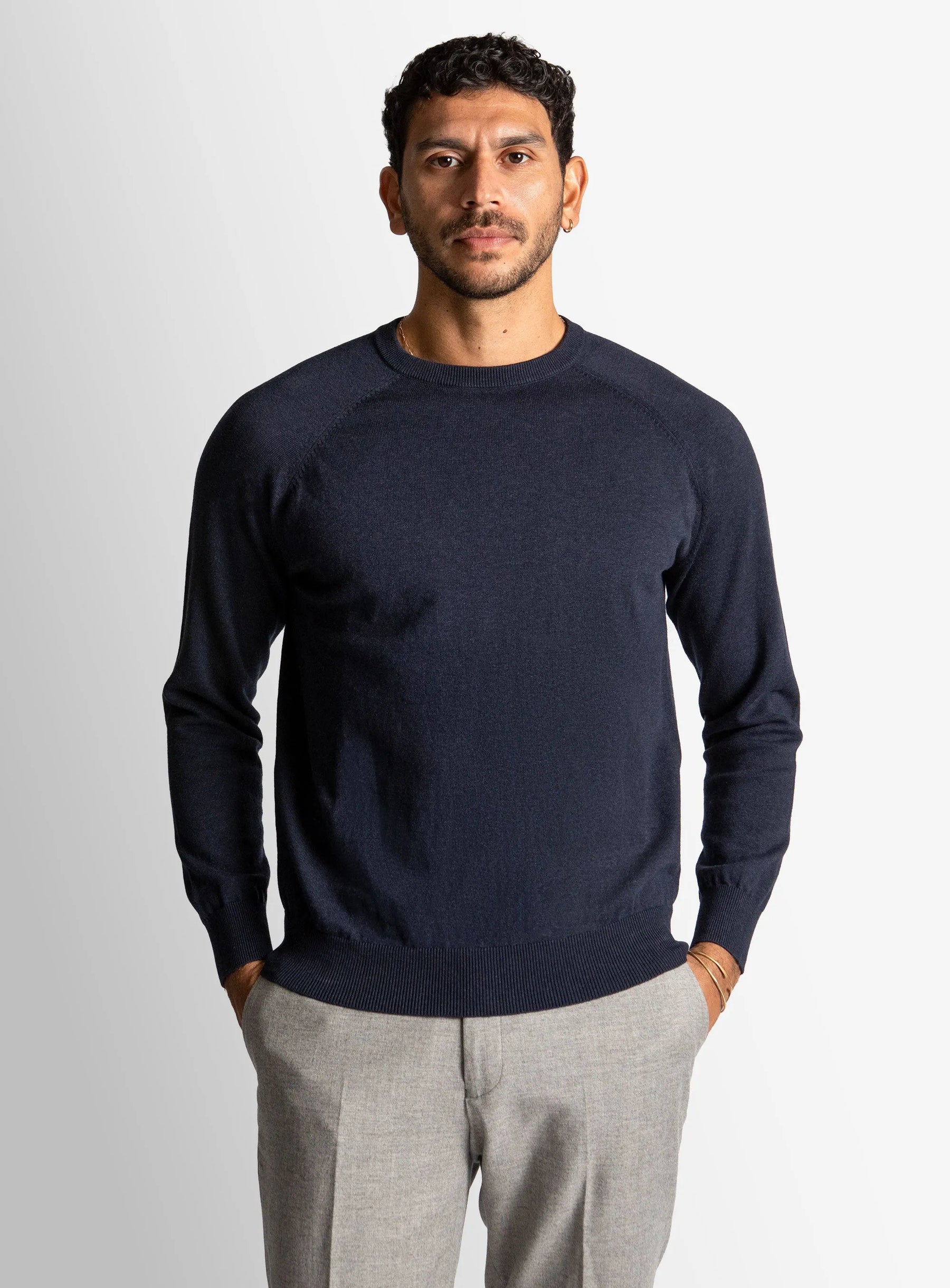 Navy Cotton Casual Crewneck Knit