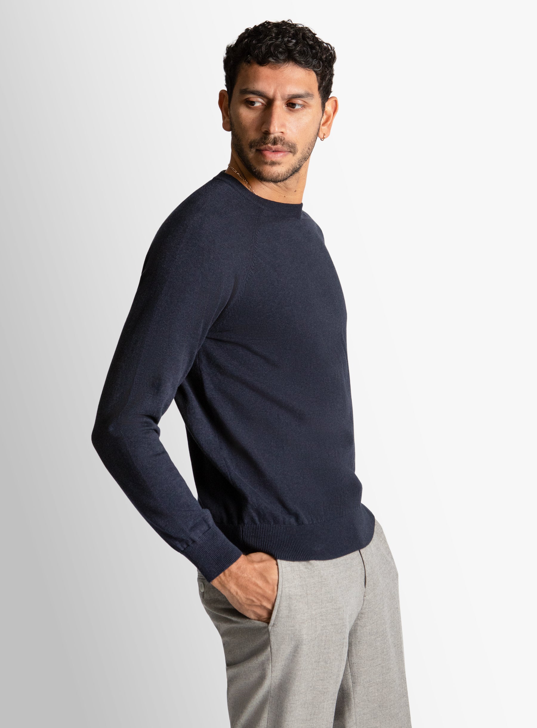 Navy Cotton Casual Crewneck Knit
