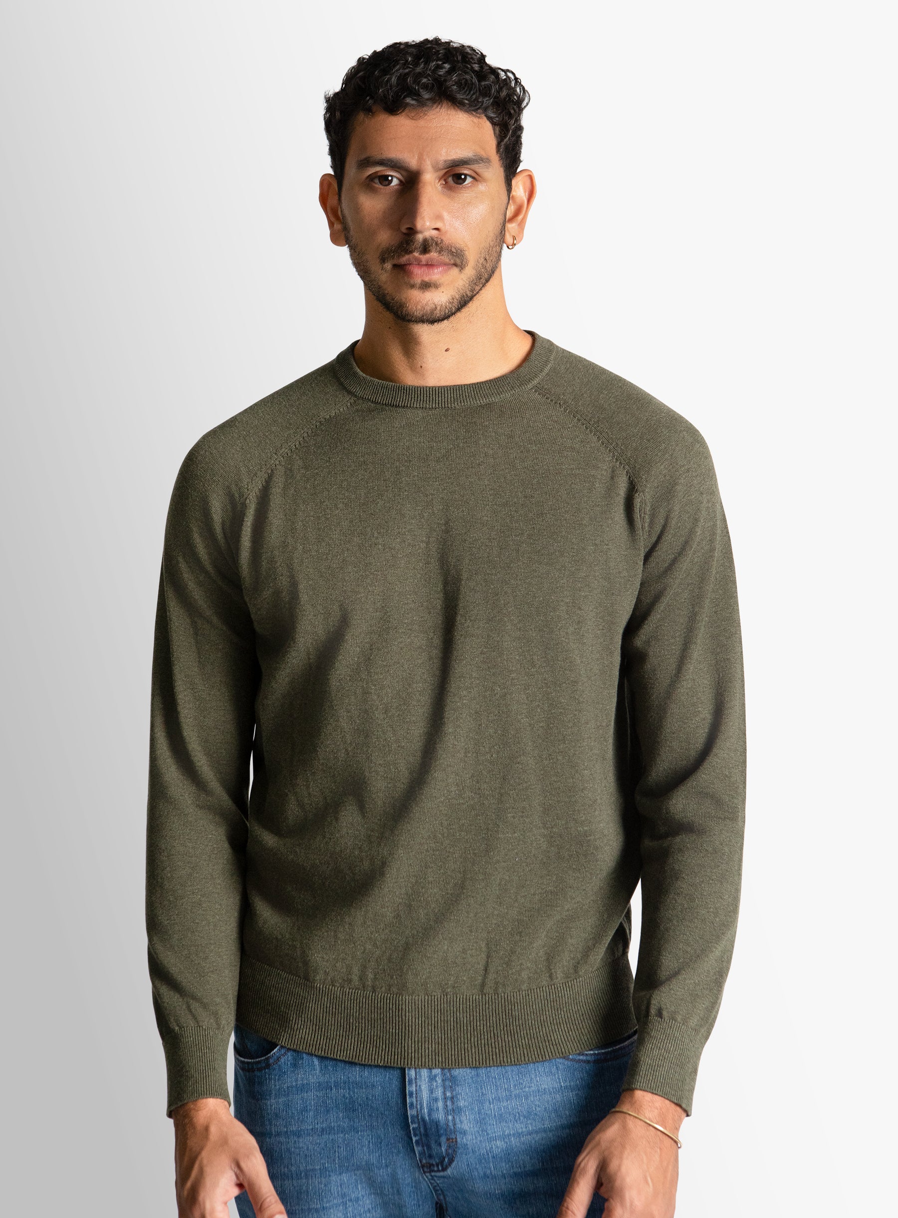 Olive Cotton Casual Crewneck Knit