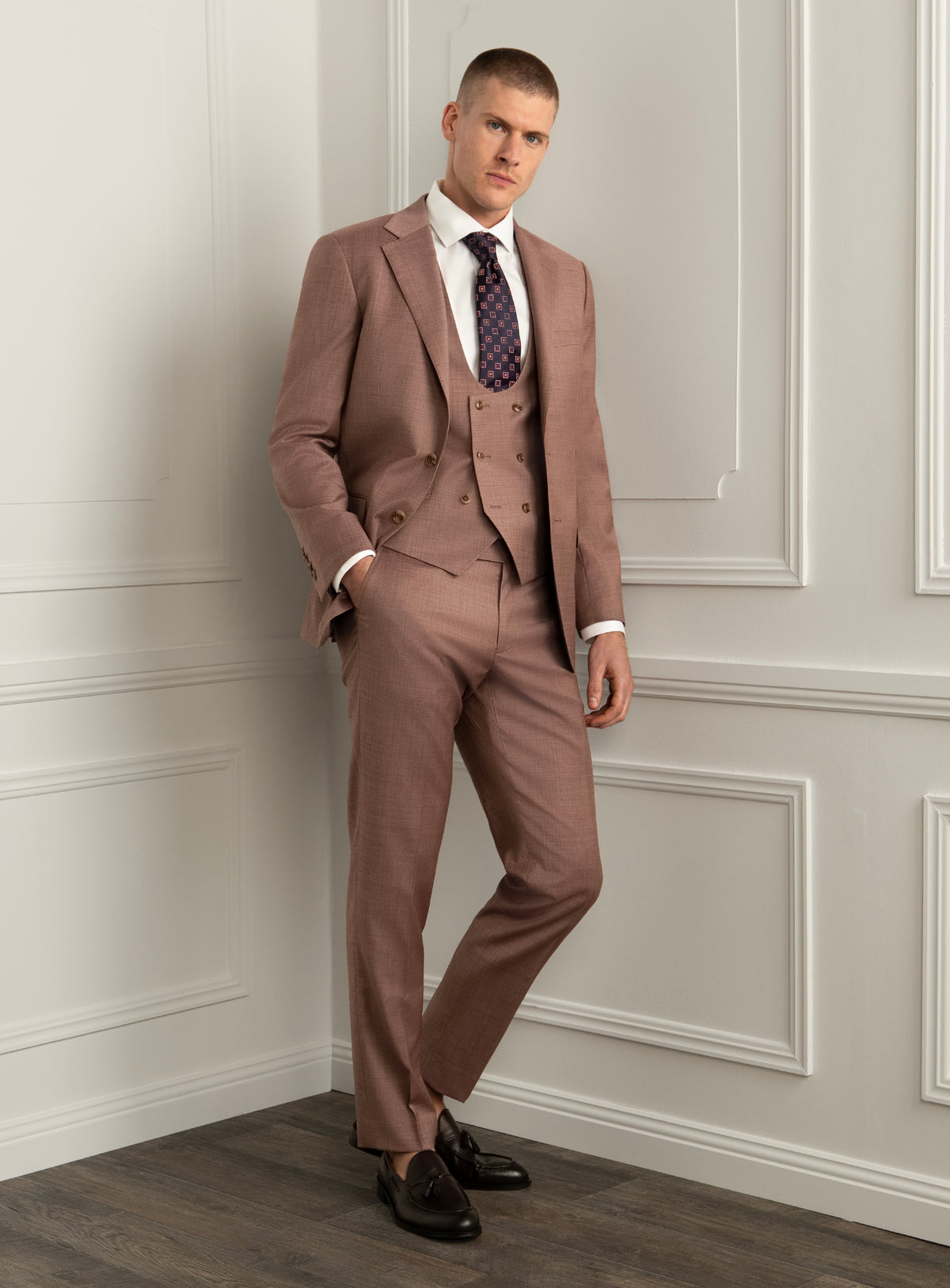 Stefano Sharkskin Dusty Pink Suit - Full-length model front view styled with separate matching vest
