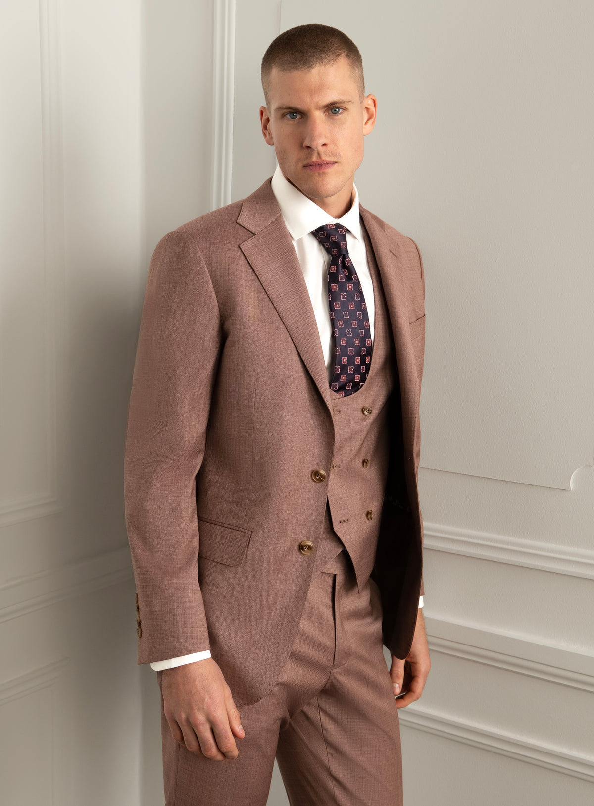Stefano Sharkskin Dusty Pink Suit - Model angled front view styled with separate matching vest