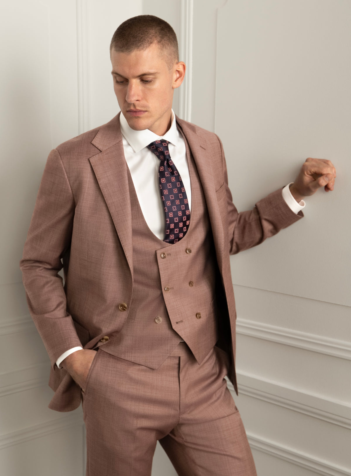 Stefano Sharkskin Dusty Pink Suit - Model front view styled with separate matching vest