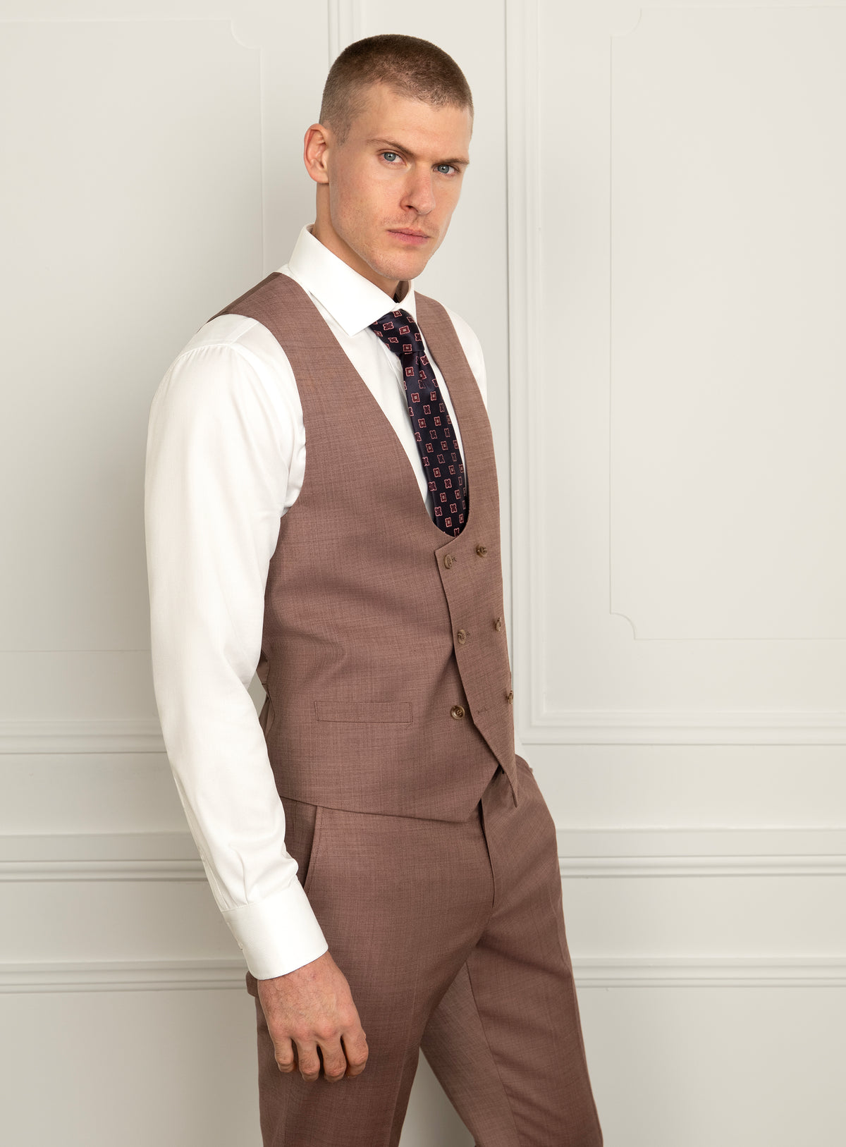Stefano Sharkskin Dusty Pink Vest - Model side three-quarter view