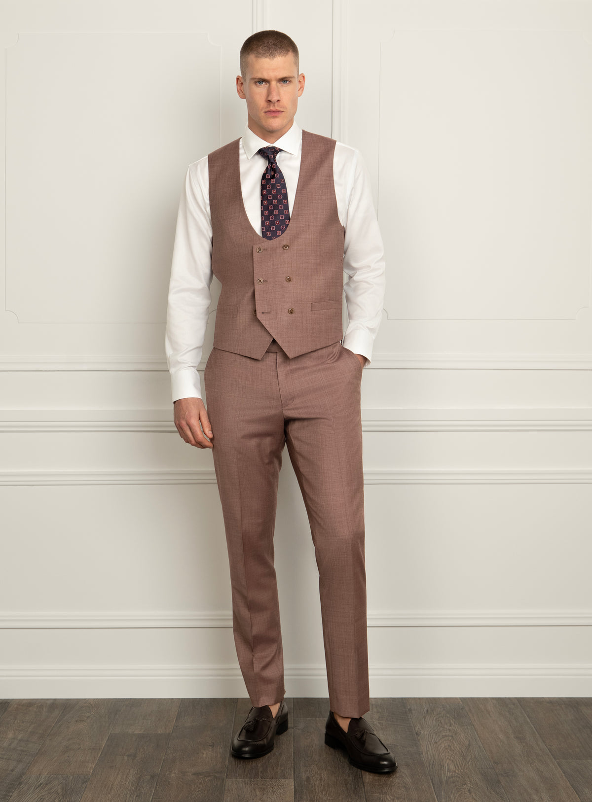Stefano Sharkskin Dusty Pink Vest - Full-length styled model view