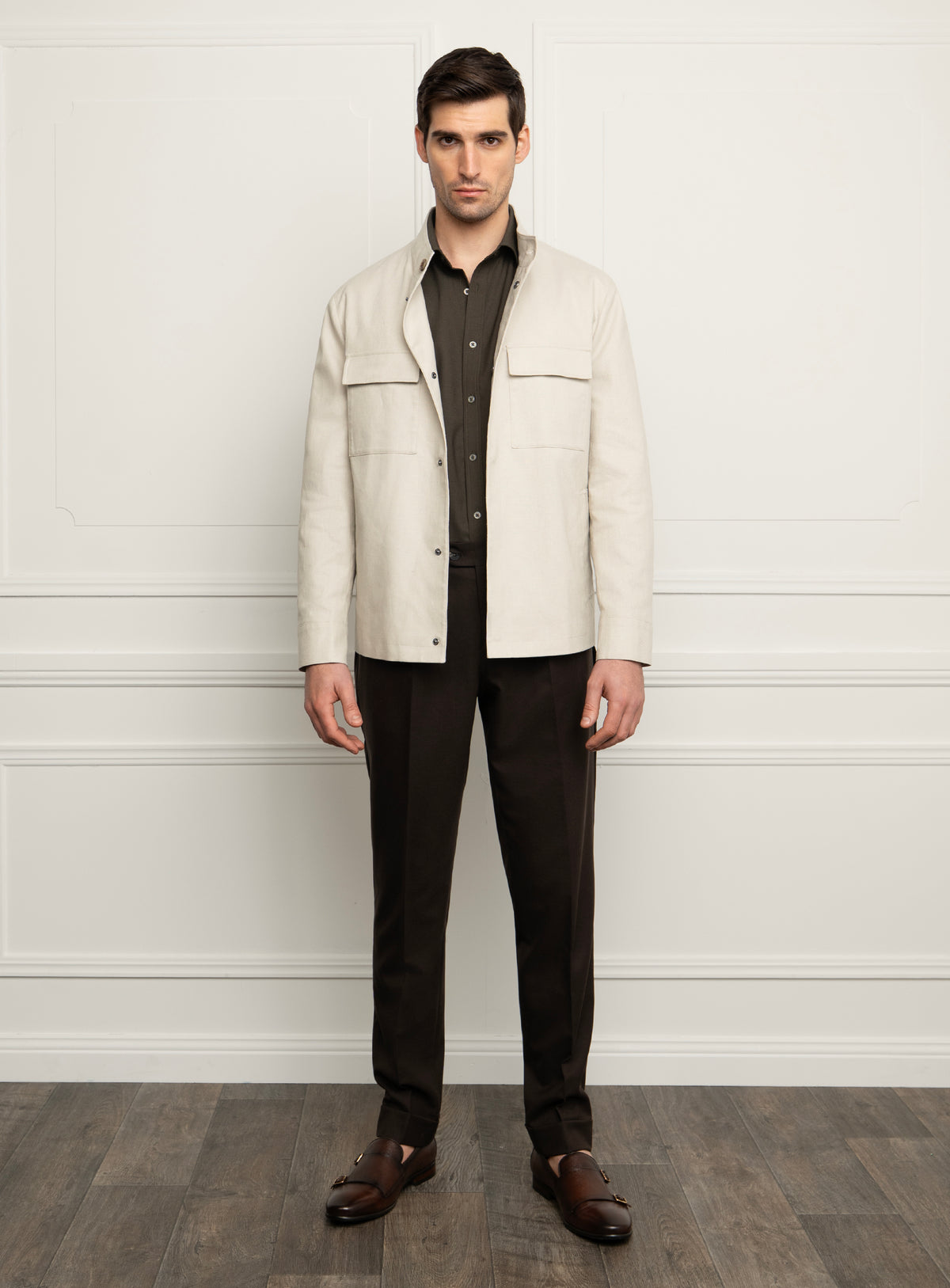 Melfi Basketweave Ecru Harrington Jacket - Full-length styled model view