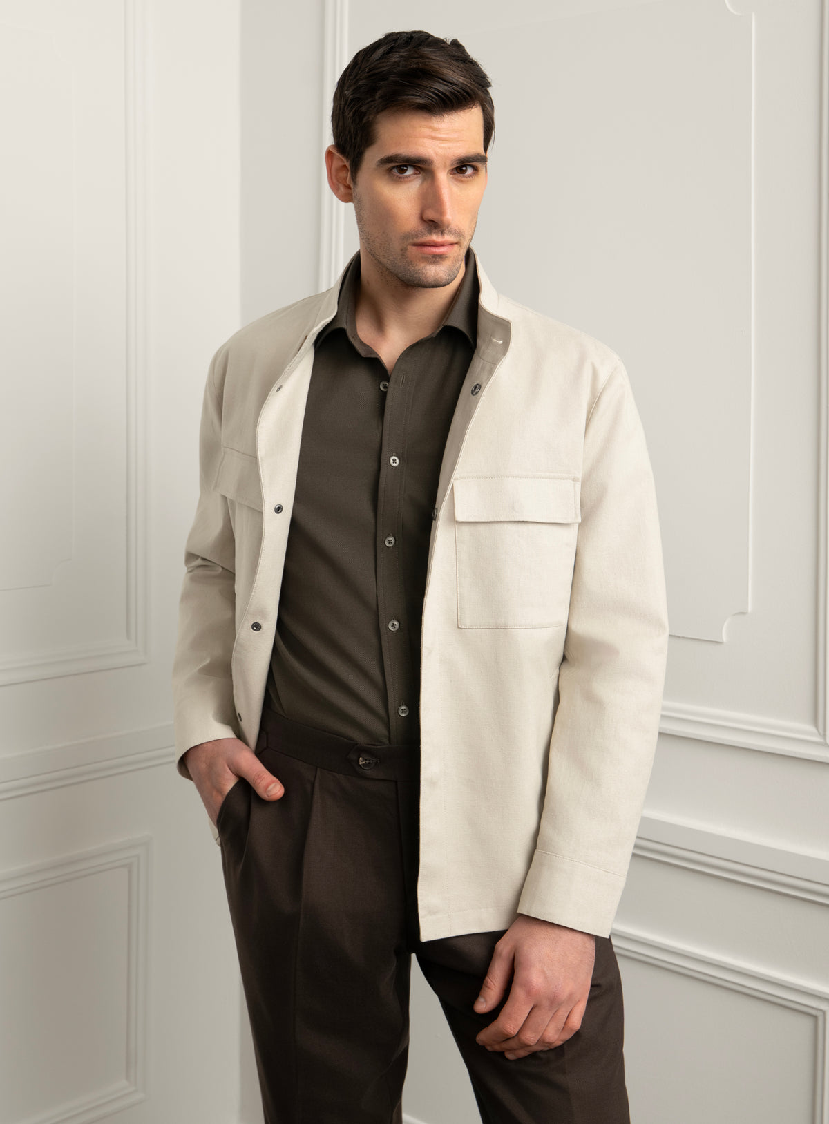 Melfi Basketweave Ecru Harrington Jacket - Model front view with hand in trouser pocket