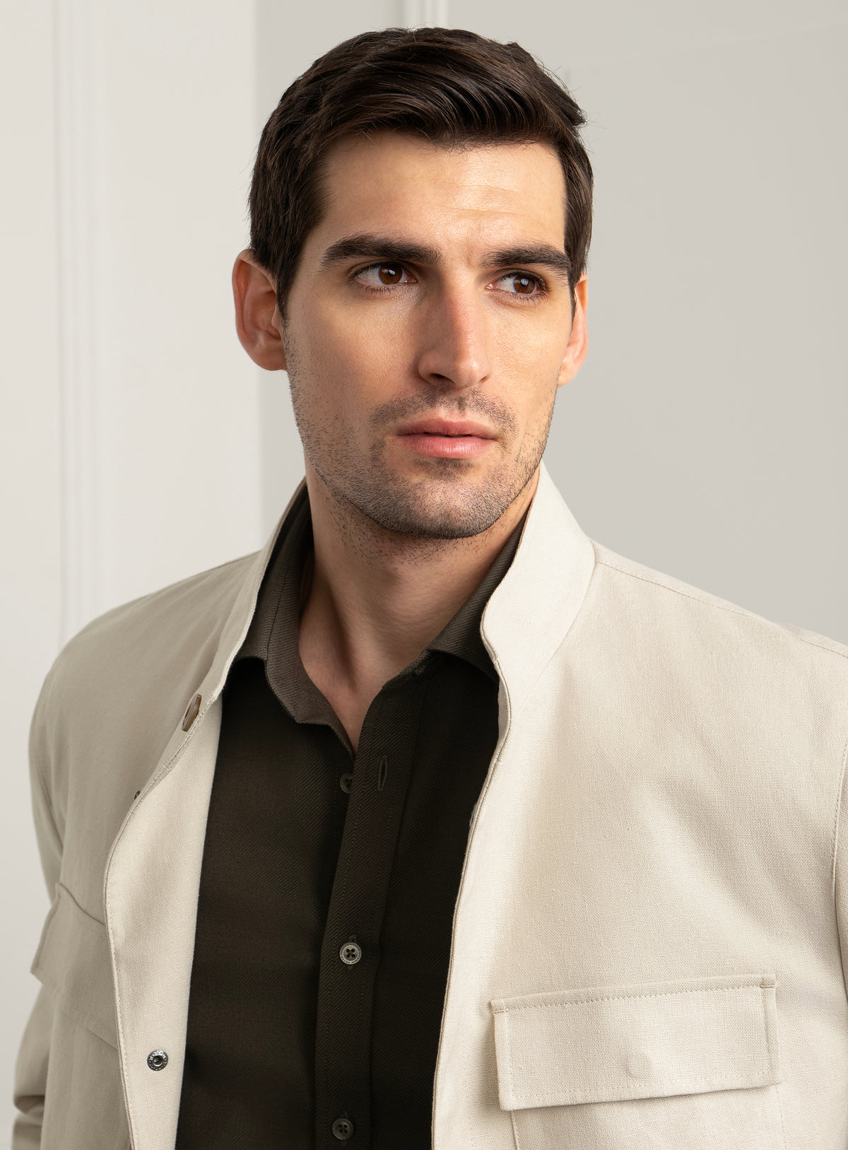 Melfi Basketweave Ecru Harrington Jacket - Collar and chest portrait