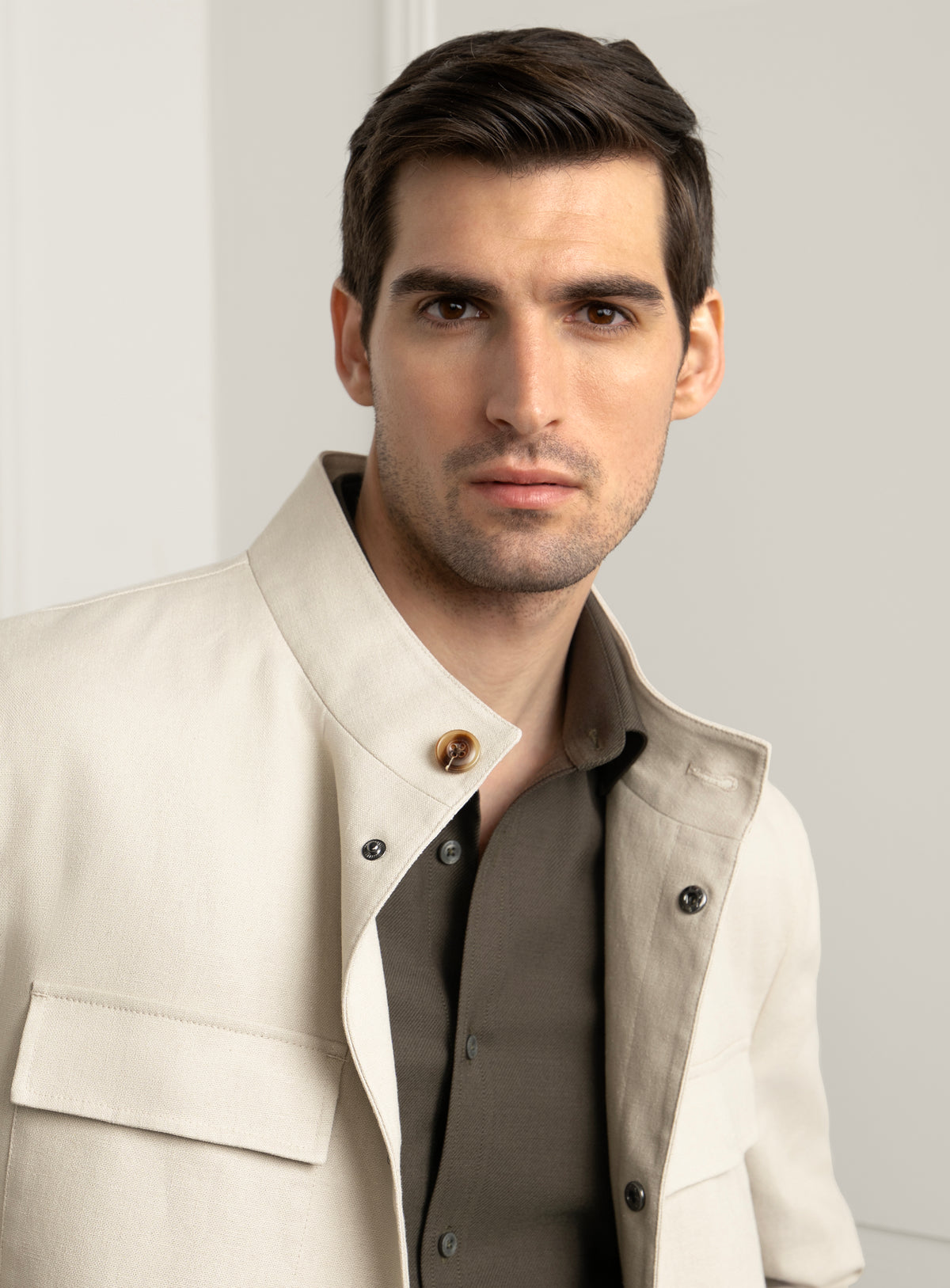 Melfi Basketweave Ecru Harrington Jacket - Stand collar and chest portrait