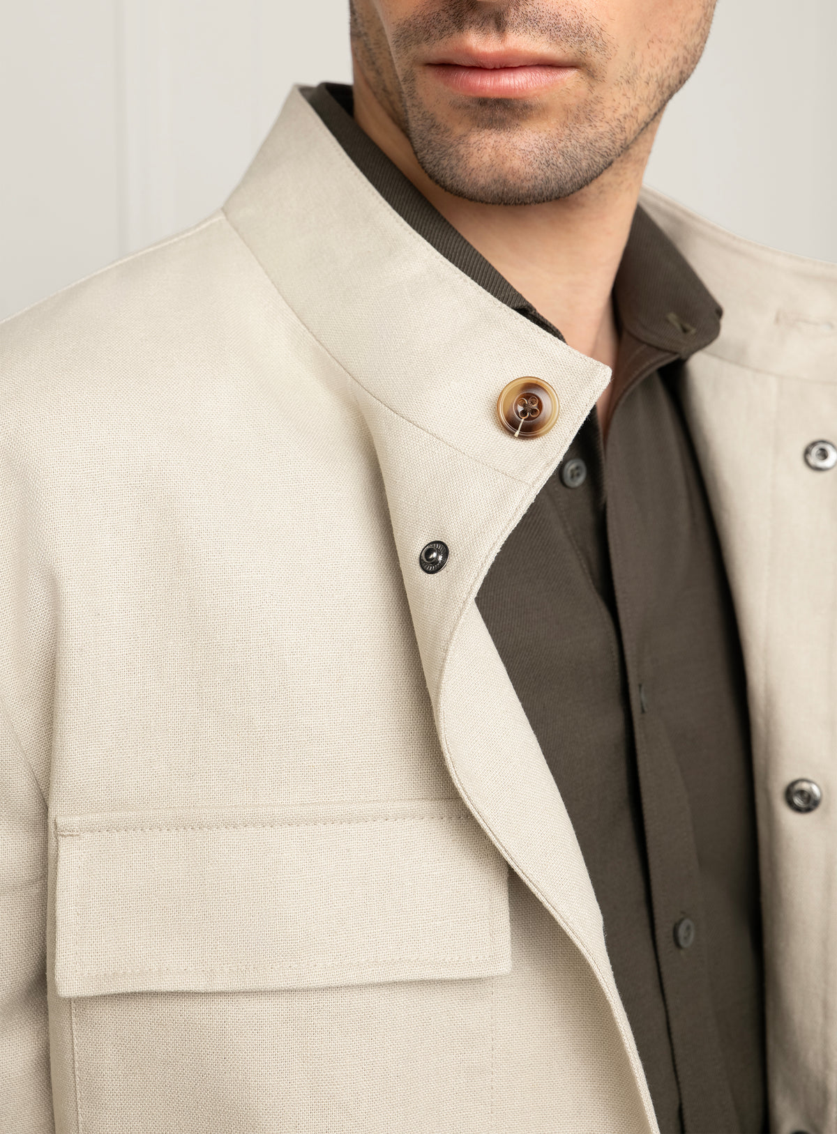 Melfi Basketweave Ecru Harrington Jacket - Collar fastening and chest pocket detail