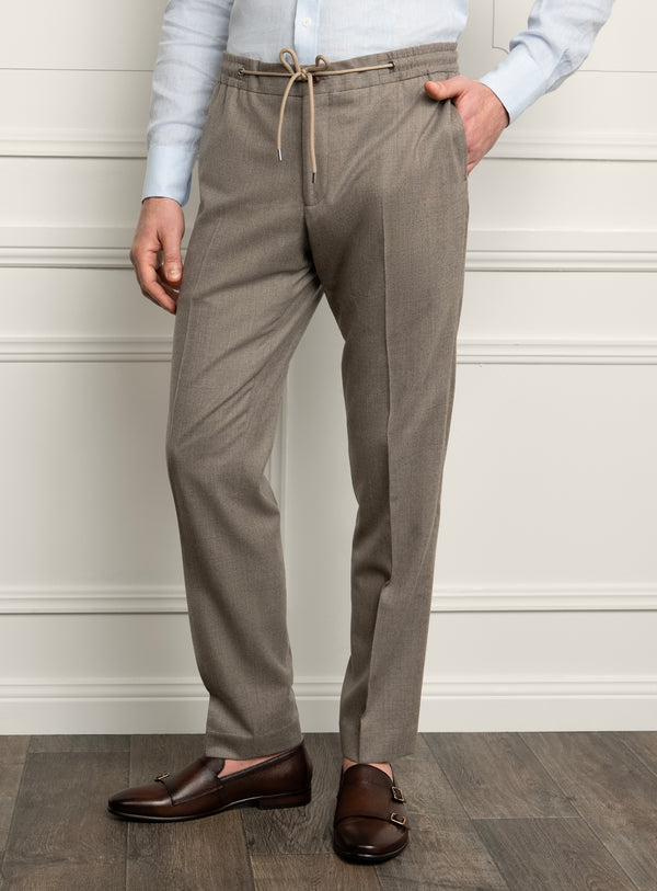 Scalea Fawn Flannel Trousers - Trouser front view with hand in pocket