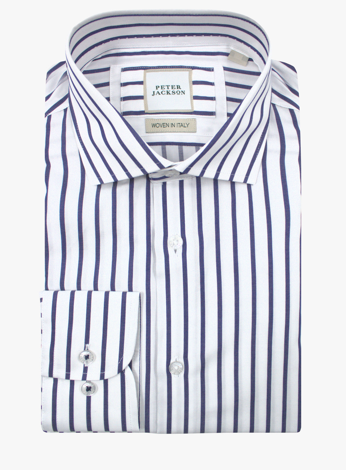 Milan navy and white wide stripe shirt, folded front view with cutaway collar