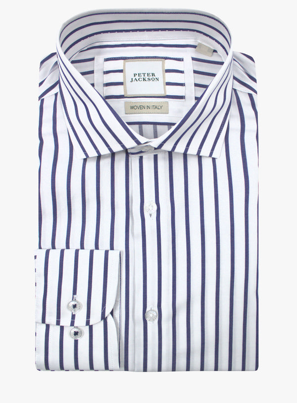 Milan navy and white wide stripe shirt, folded front view with cutaway collar