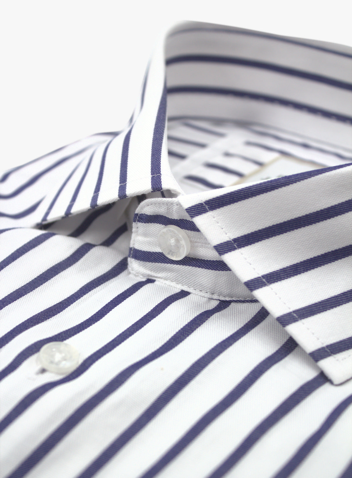 Cutaway collar detail on the Milan navy and white stripe shirt