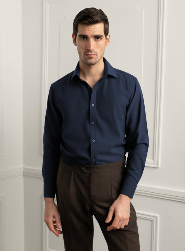 Piero Slim Fit Wool Twill Navy Shirt - Model front view