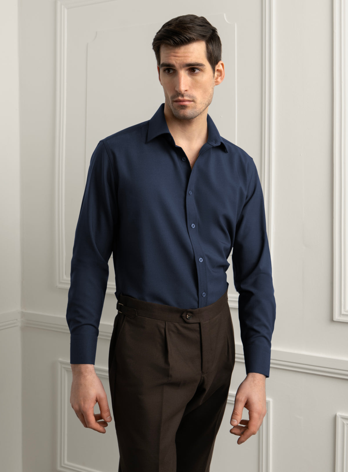 Piero Slim Fit Wool Twill Navy Shirt - Model angled front view