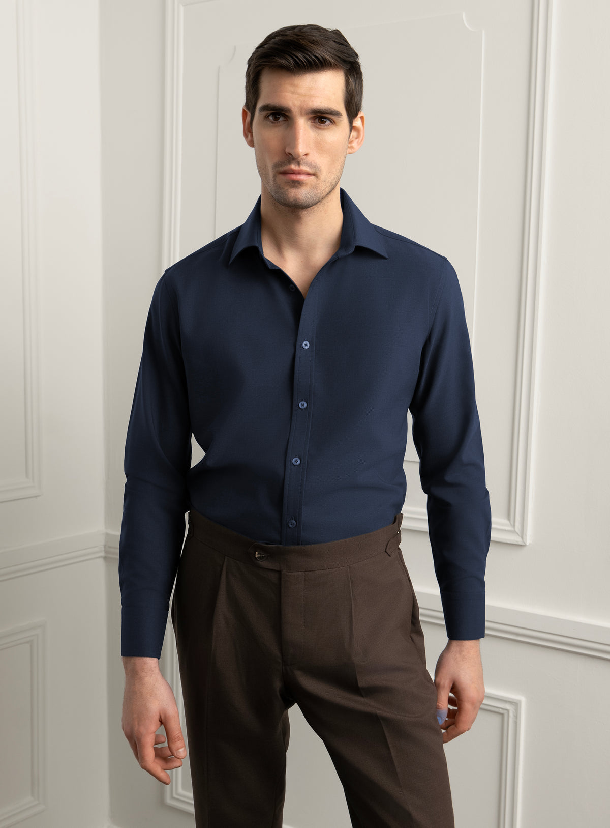 Piero Slim Fit Wool Twill Navy Shirt - Model front view with hand in trouser pocket