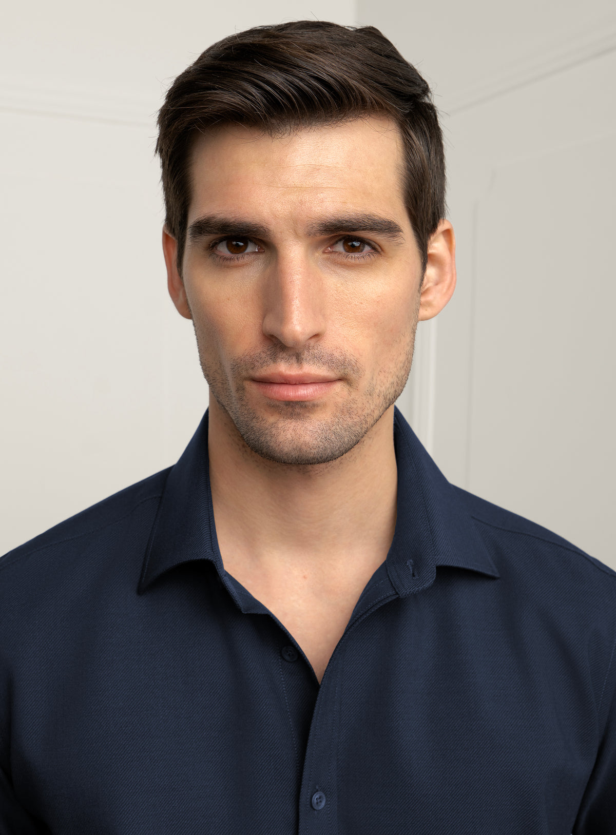 Piero Slim Fit Wool Twill Navy Shirt - Collar and chest detail