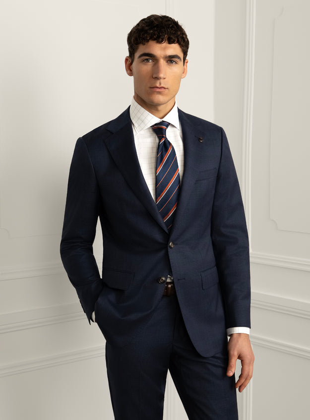 Pazzi Plaid Navy Suit - Model front view with hand in pocket