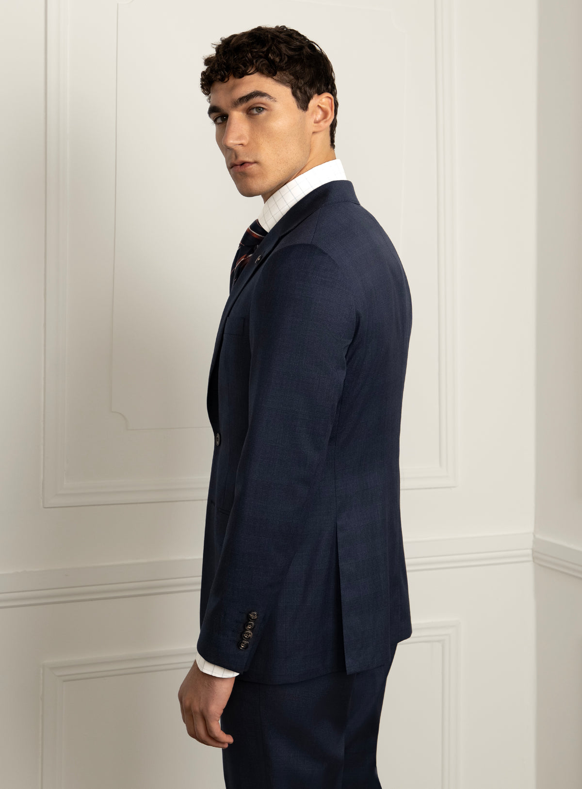 Pazzi Plaid Navy Suit - Model rear three-quarter view