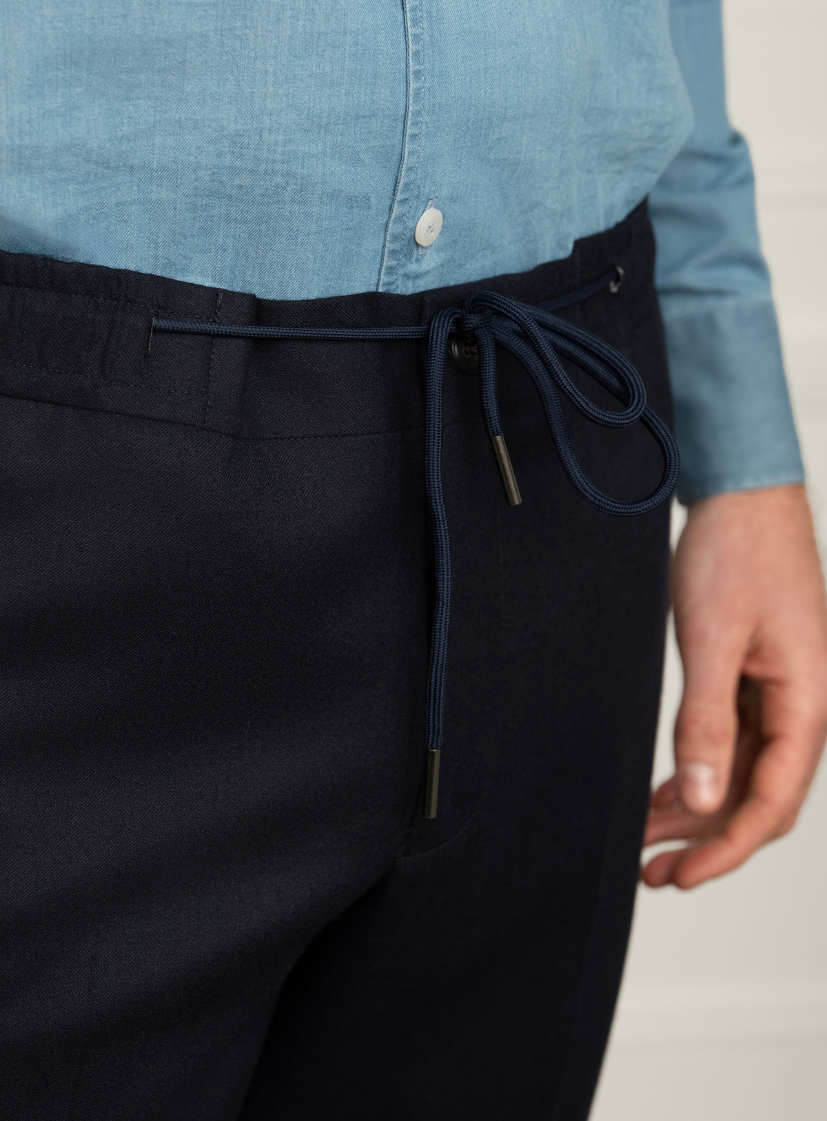 Scalea Navy Flannel Trousers - Drawstring waistband detail