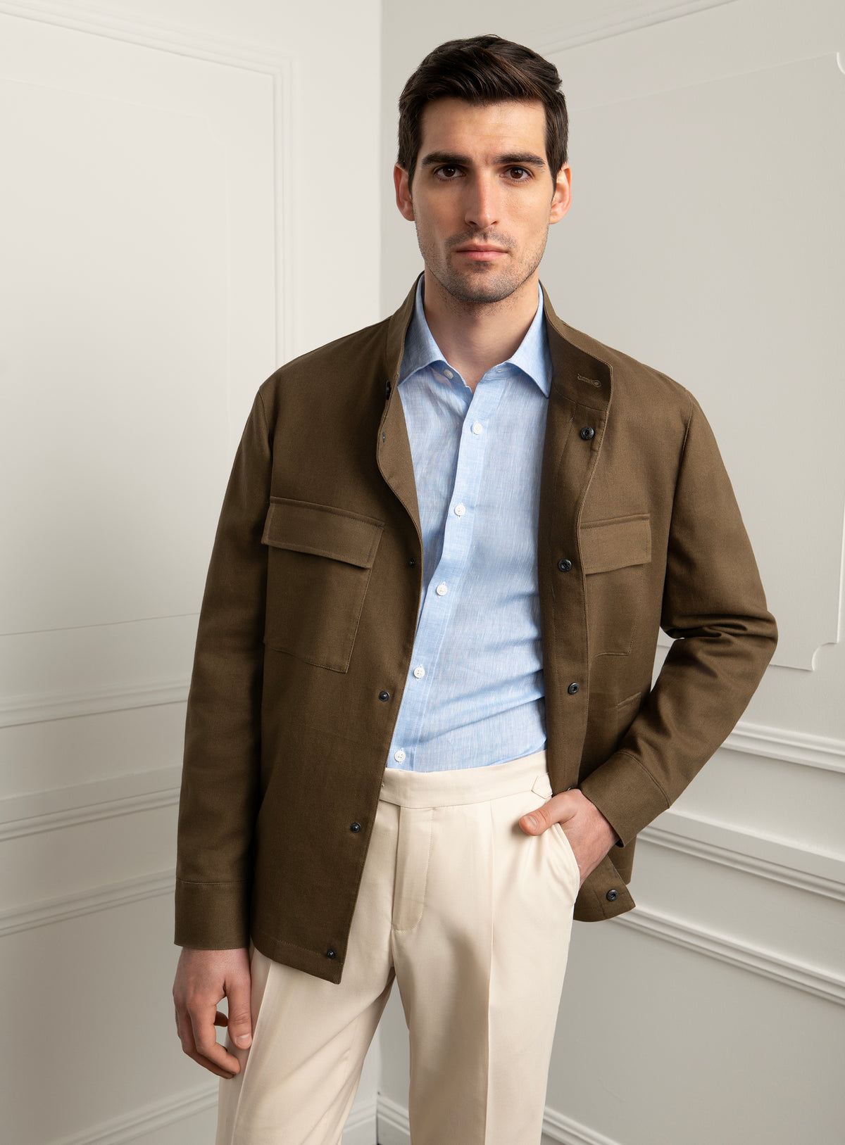 Melfi Basketweave Olive Harrington Jacket - Model front view with hand in trouser pocket